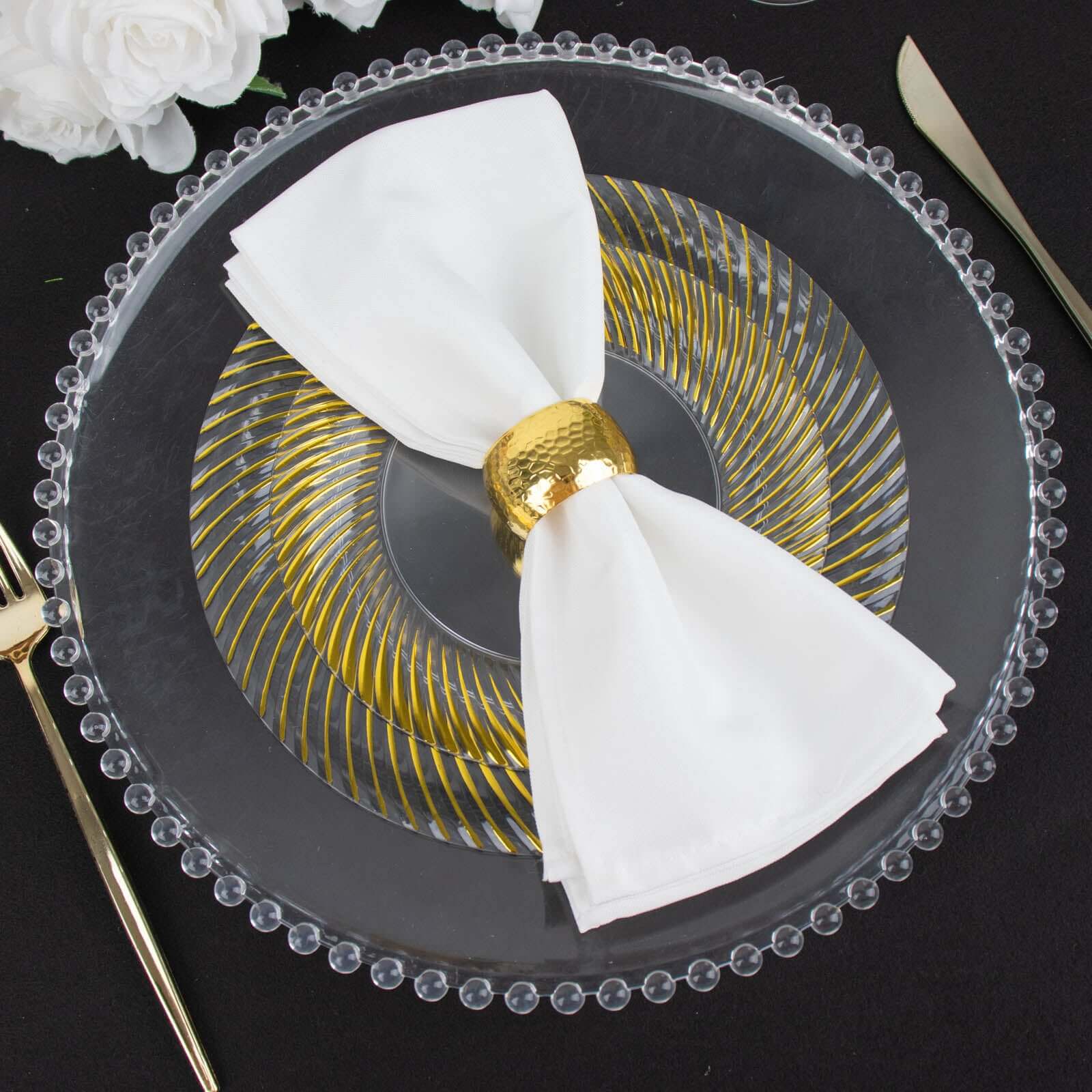 10-Pack Clear Plastic Round Dinner Plates with Gold Swirl Rim - Ideal Disposable Plates for Elegant Parties