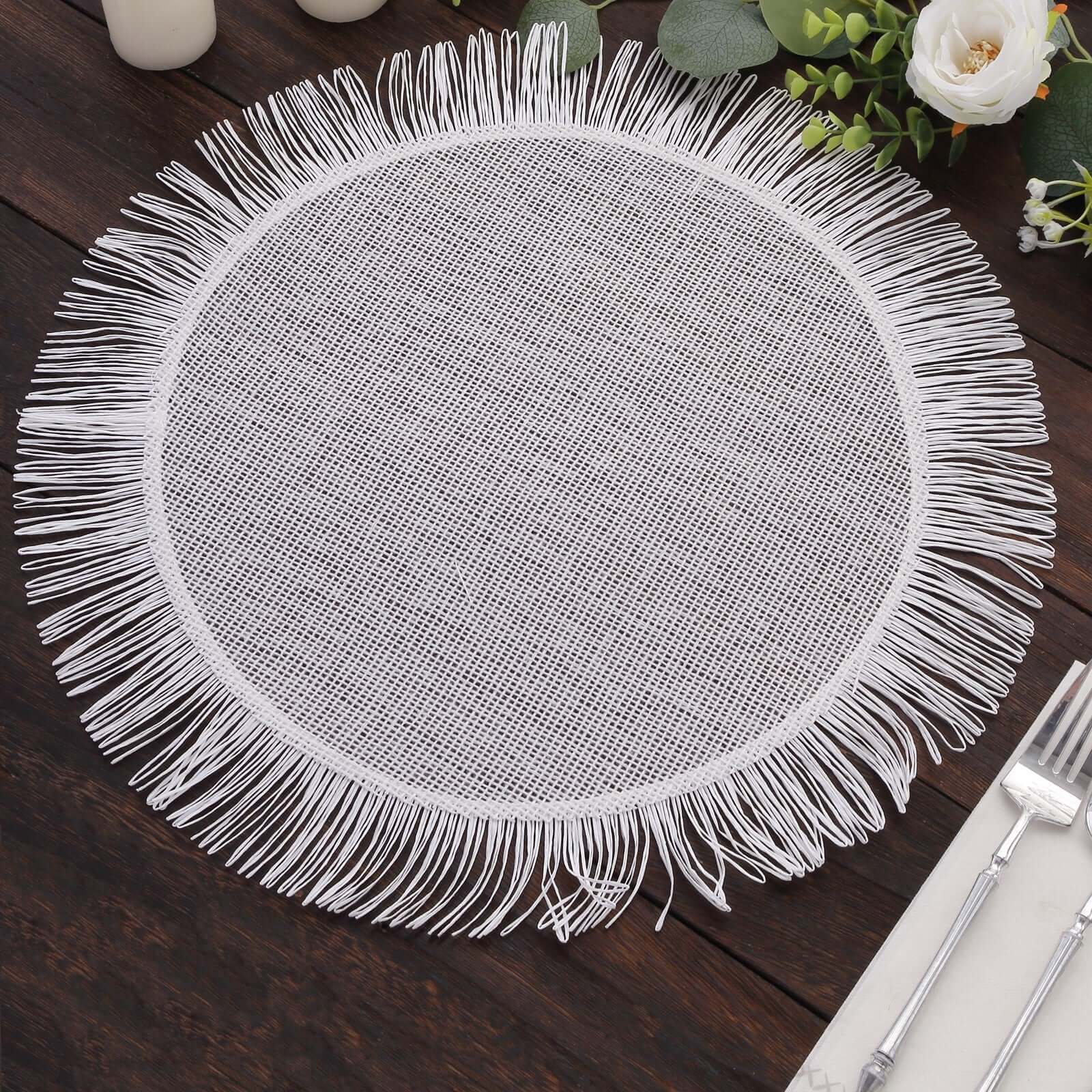 Hot Deal! 4-Pack White Jute Round Placemats with Fringe Edge - Rustic Boho Chic Table Decor