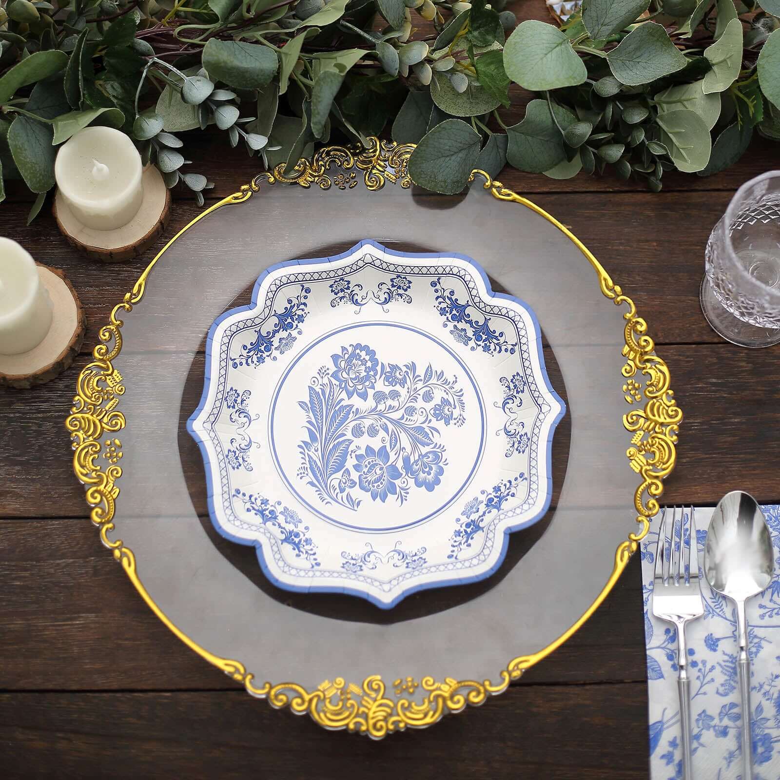 25-Pack Disposable White Paper Salad Plates with Light Blue Damask Floral Print and Scallop Rim