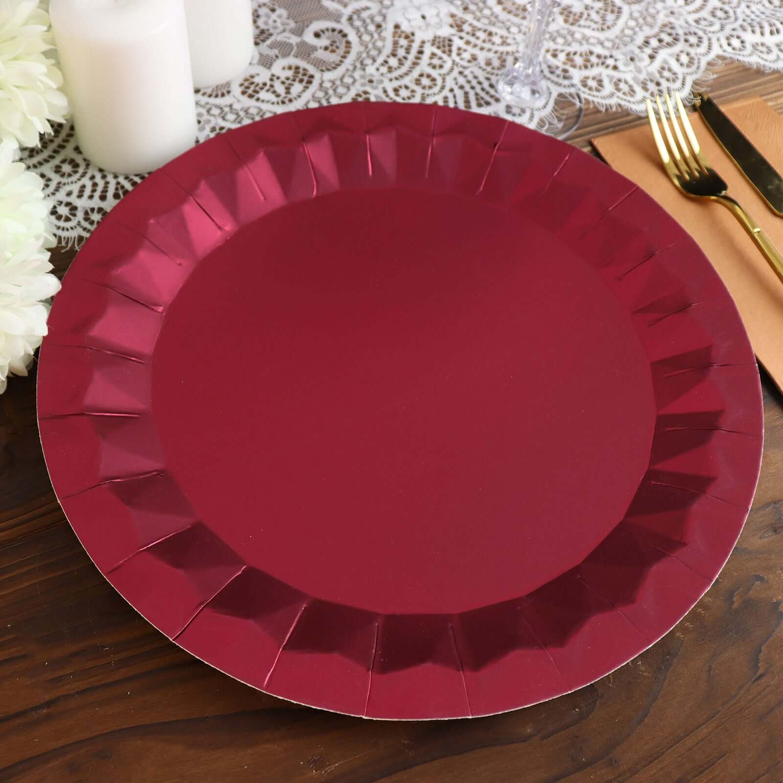 25-Pack Disposable Burgundy Paper Charger Plates with Geometric Design - 12