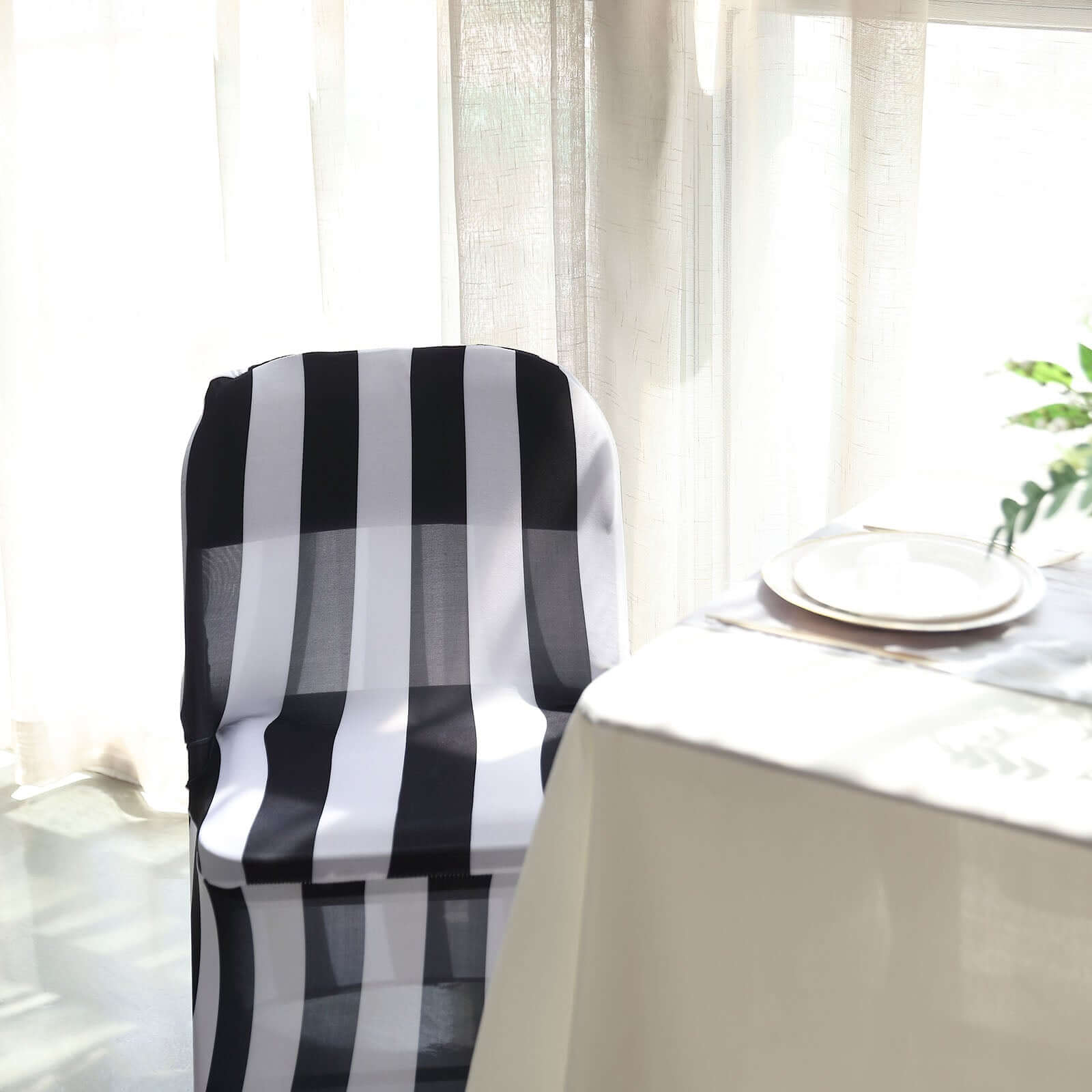 Black/White Vertical Striped 160GSM Stretch Spandex Slipcover for Folding Chairs with Foot Pockets