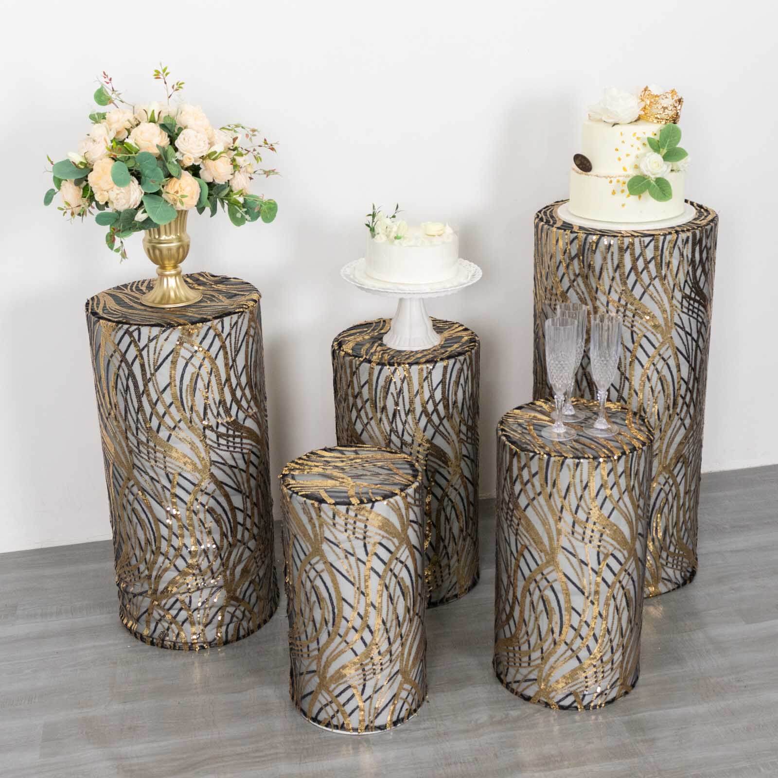 Hot! Set of 5 Embroidered Sequin Black Wave Mesh Cylinder Pedestal Stand Covers