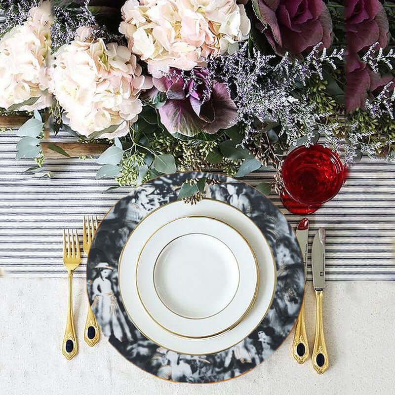 Hot Deal! 12-Pack 11.5-Inch Break-Resistant White/Black Porcelain Dinner Plates with Art Nouveau Rim, Microwave Safe
