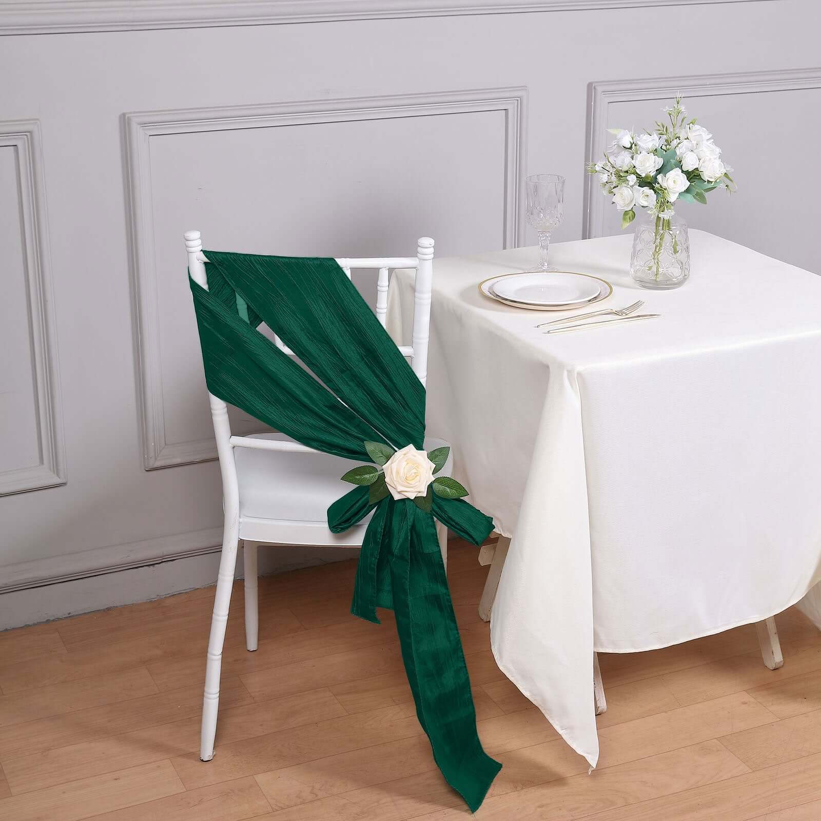 5-Pack Hunter Emerald Green Accordion Crinkle Taffeta Chair Sashes - Ideal for Weddings & Gatherings