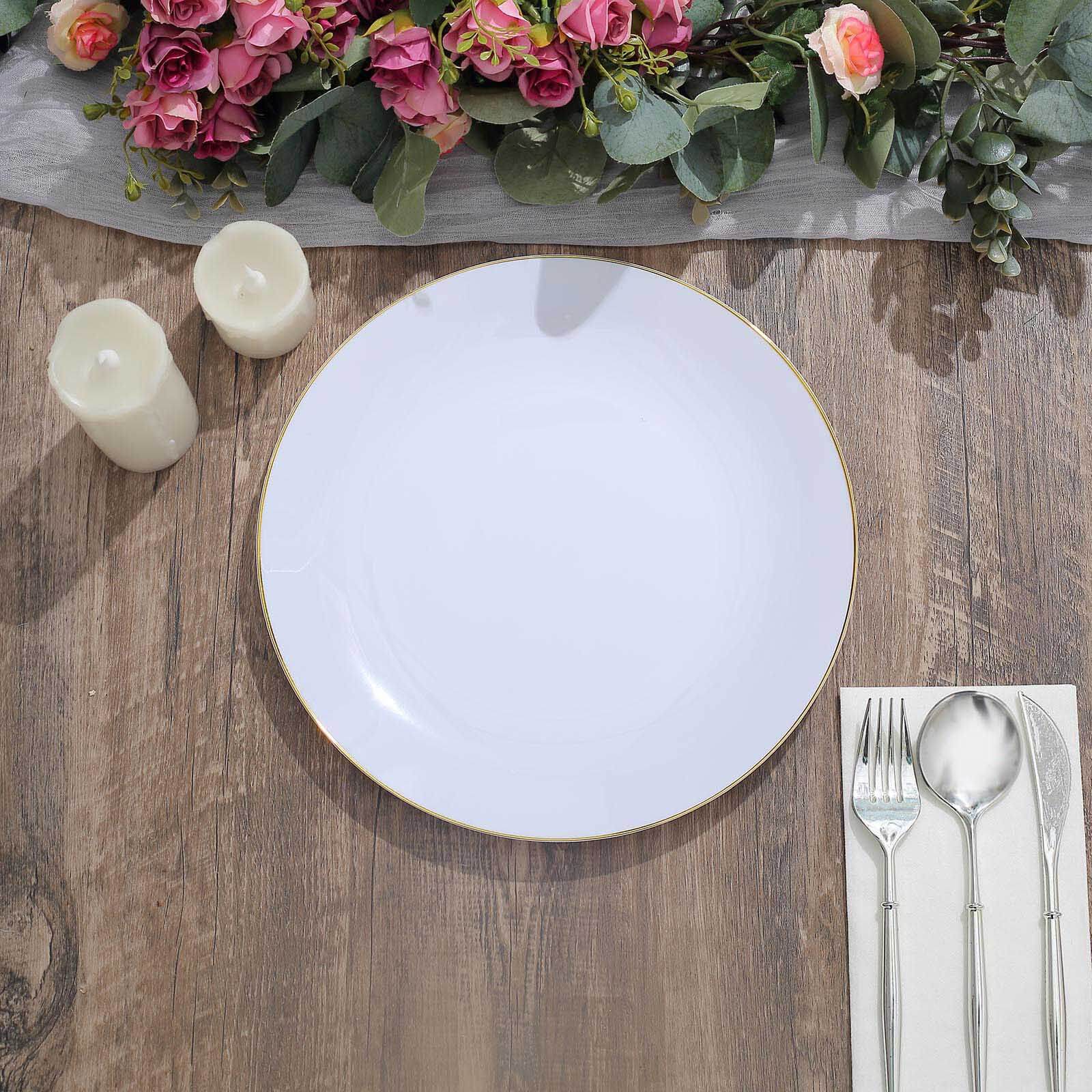 10-Piece Set of White Plastic Round Dinner Plates with Gold Rim - Disposable for Banquets and Special Events