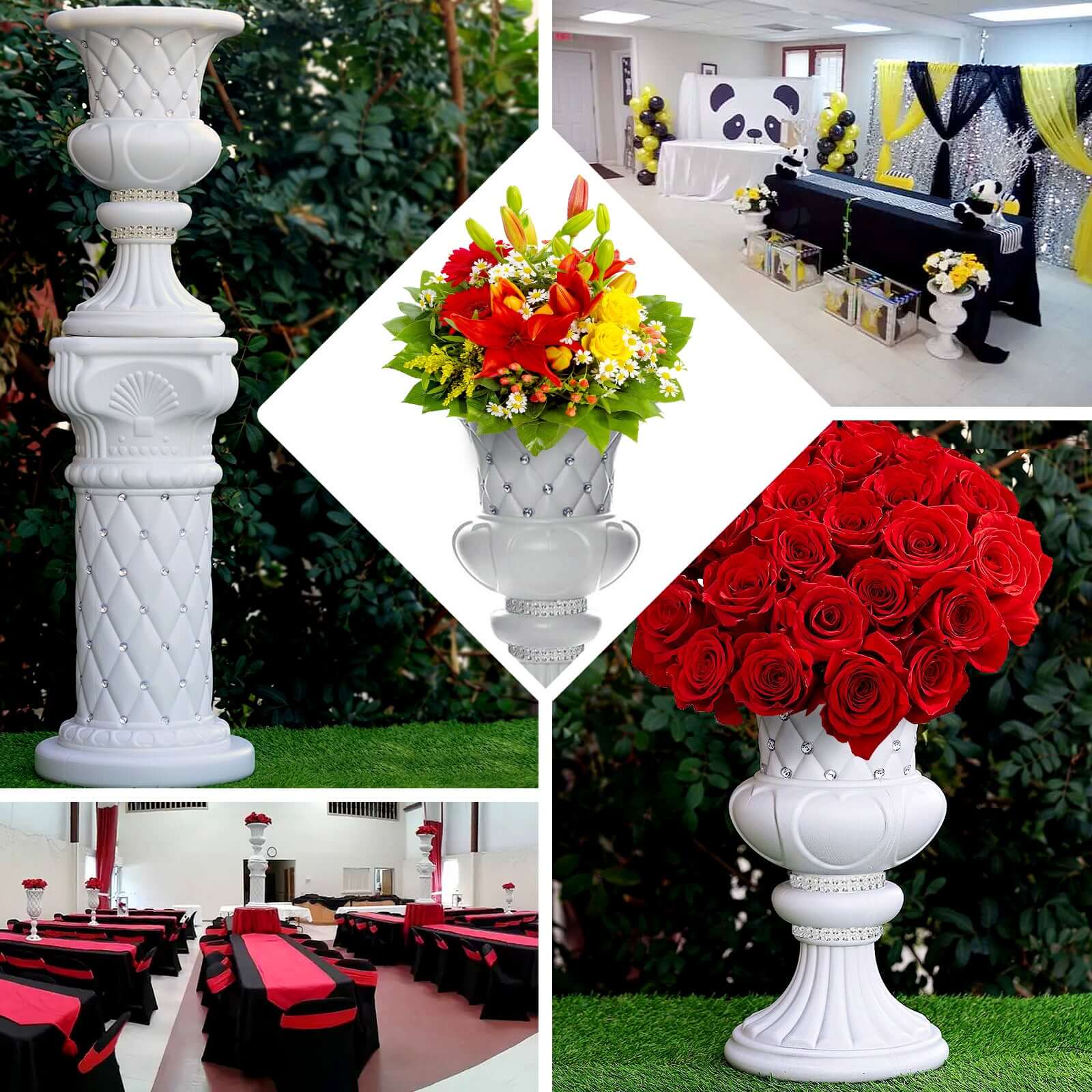 2-Pack 18-Inch Tall PVC Pedestal Stand Flower Plant Pillar with 10mm White Crystal Studs, Italian-Inspired