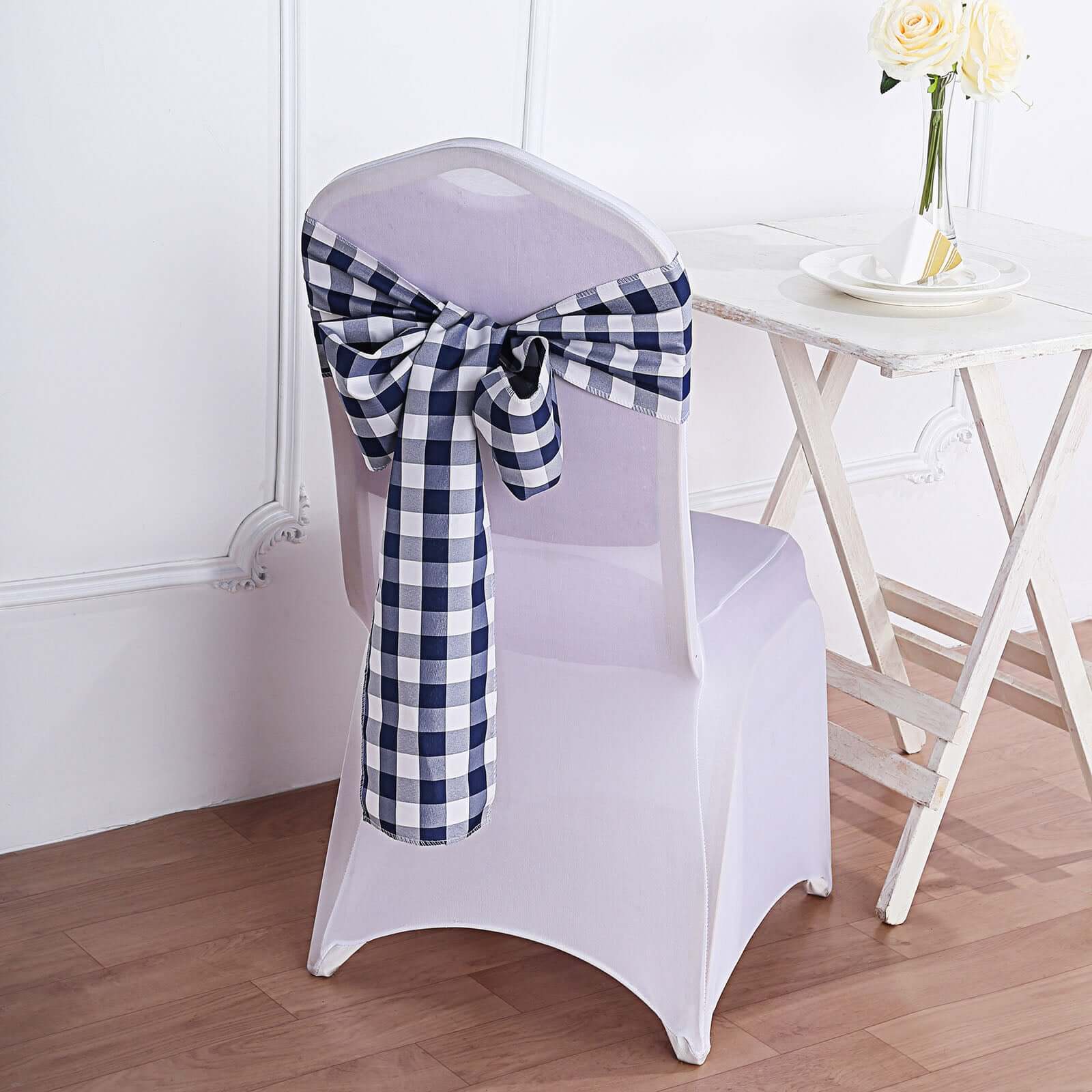 Get 5-Pack Durable & Reusable Navy Blue/White Buffalo Plaid Polyester Chair Sashes