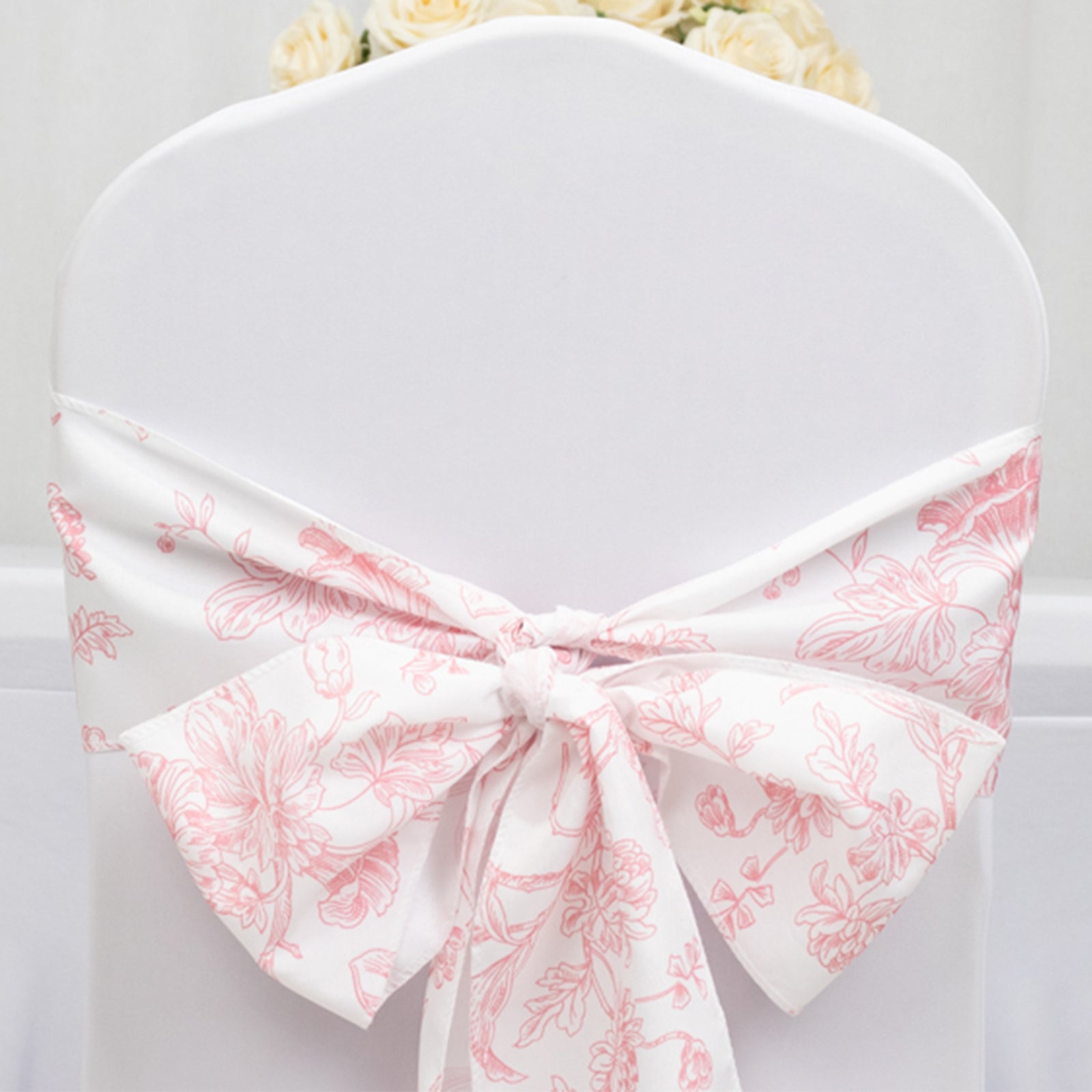 Hot Sale! Wrinkle-Resistant & Durable Polyester Chair Sashes in White/Pink French Toile Floral Design, 6x108