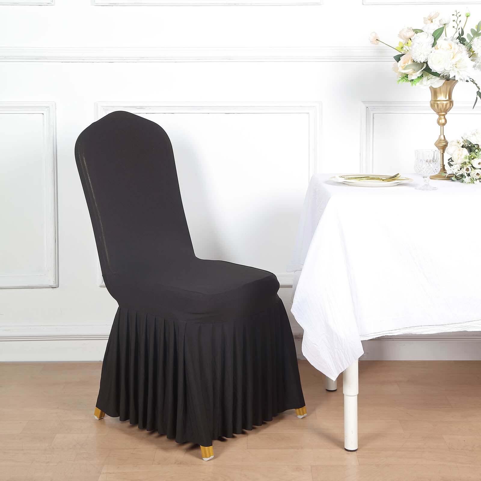 Black Spandex Stretch Fitted Slipcover with Ruffle Pleated Skirt for Banquet Chairs - 1 Piece