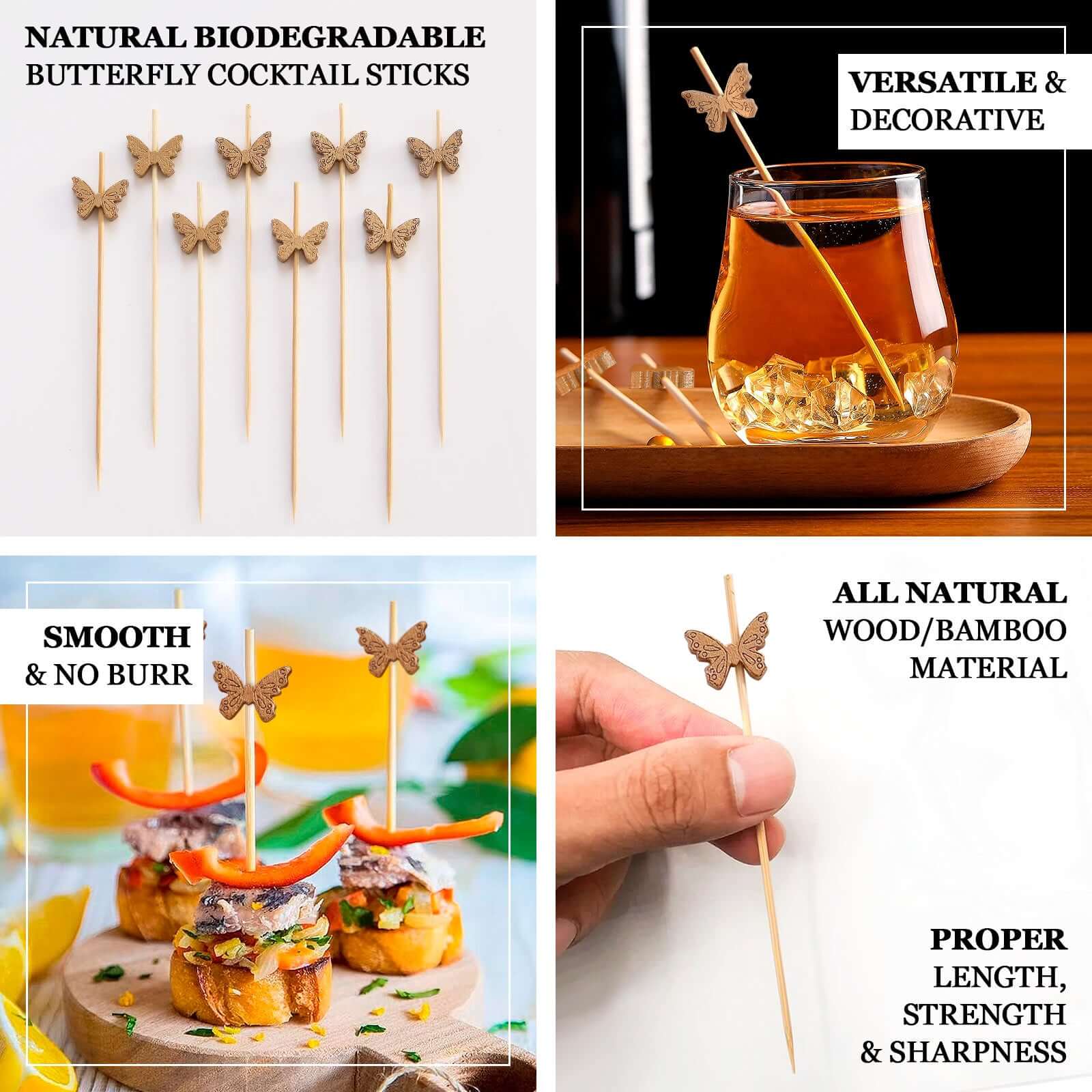 Eco-Friendly 100-Pack Bamboo Butterfly Cocktail Sticks - Perfect for Parties