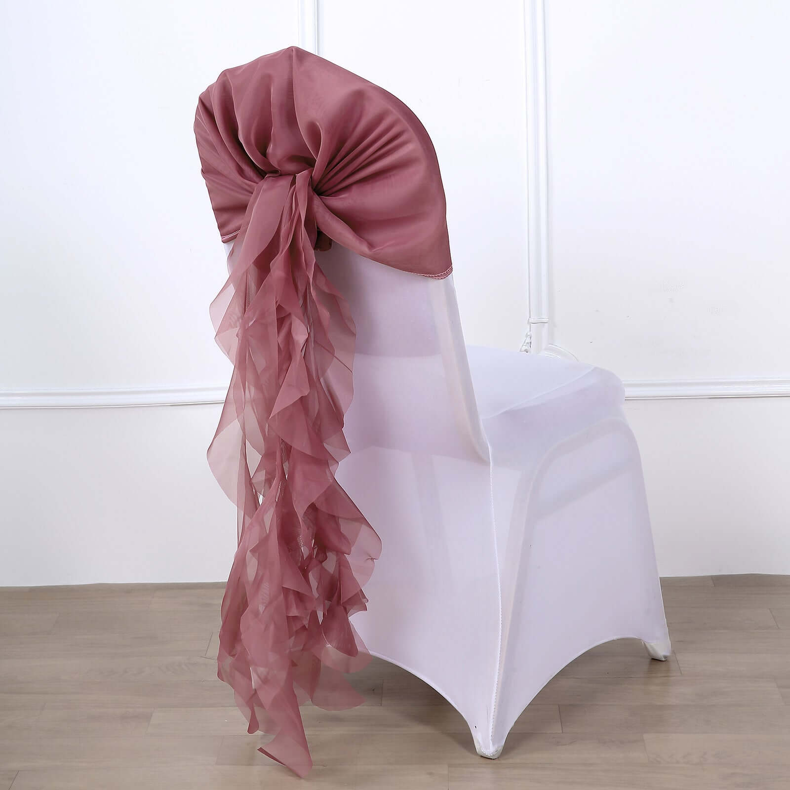 Stylish Mauve Cinnamon Rose Chiffon Chair Sashes Set with Willow Ruffles Design