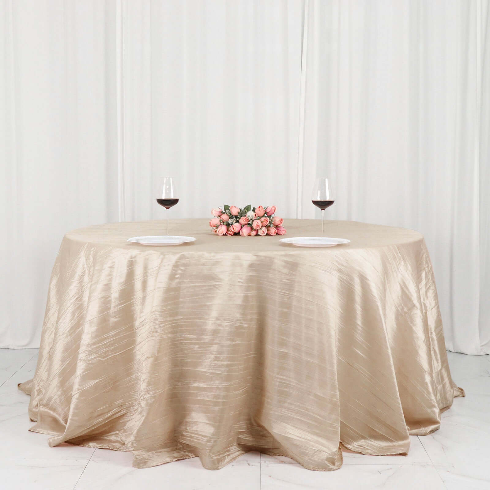 Beige Seamless Accordion Crinkle 132-Inch Taffeta Round Tablecloth