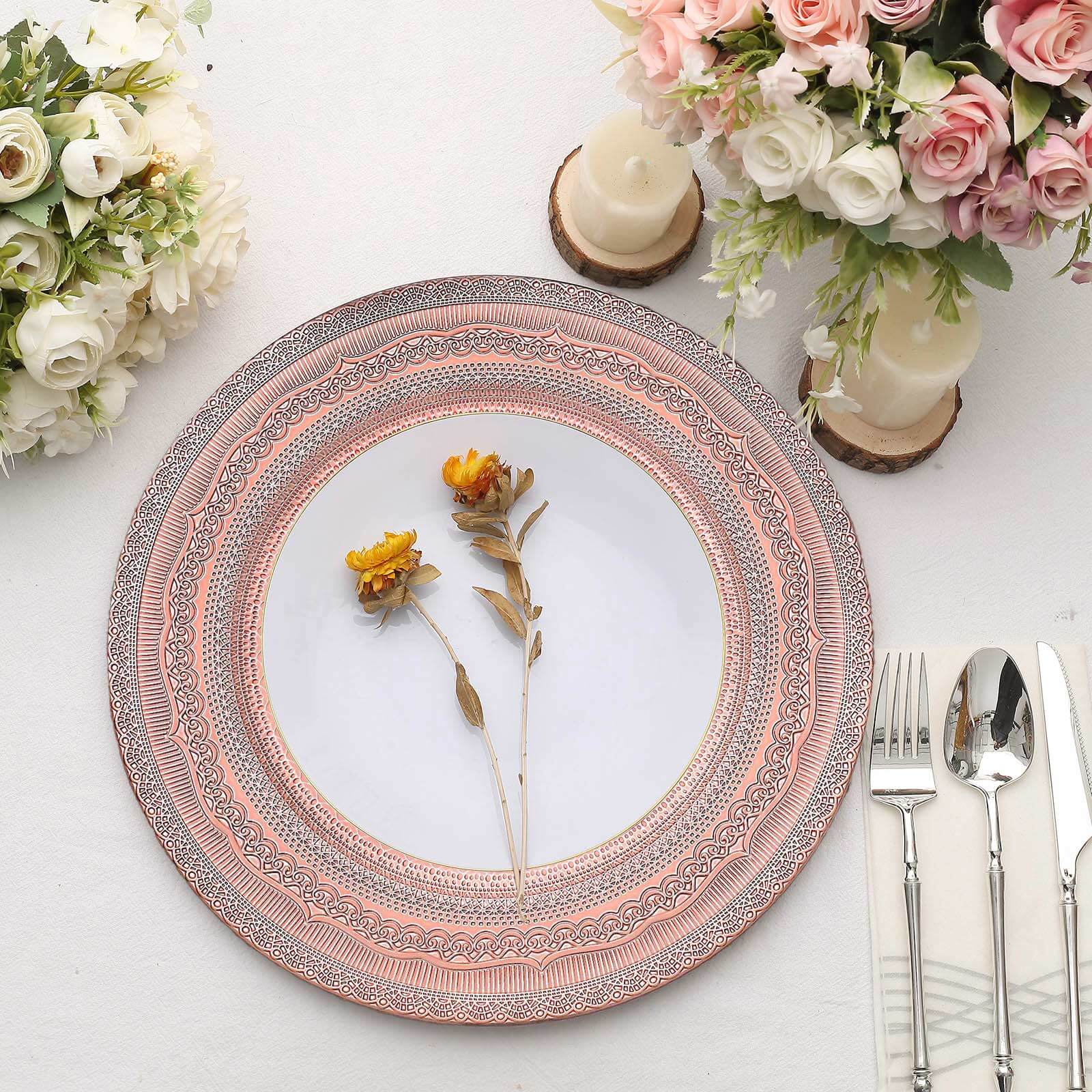 Hot Sale! 6-Pack 13-inch Rose Gold Acrylic Charger Plates with Lace-Embossed Rim for Table Decor