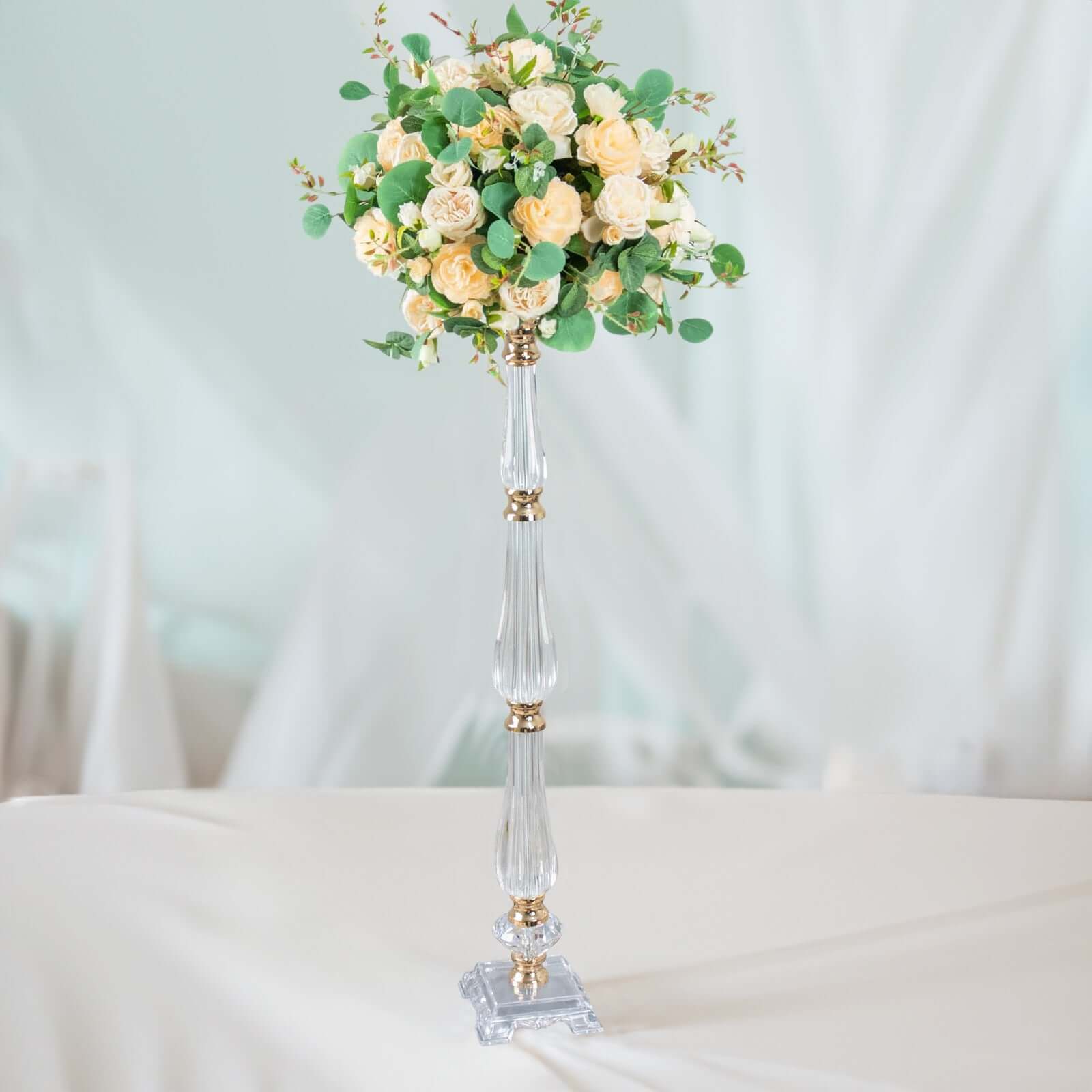 32-inch Gold and Clear Acrylic Crystal Pillar Candle Stand for Wedding Centerpieces