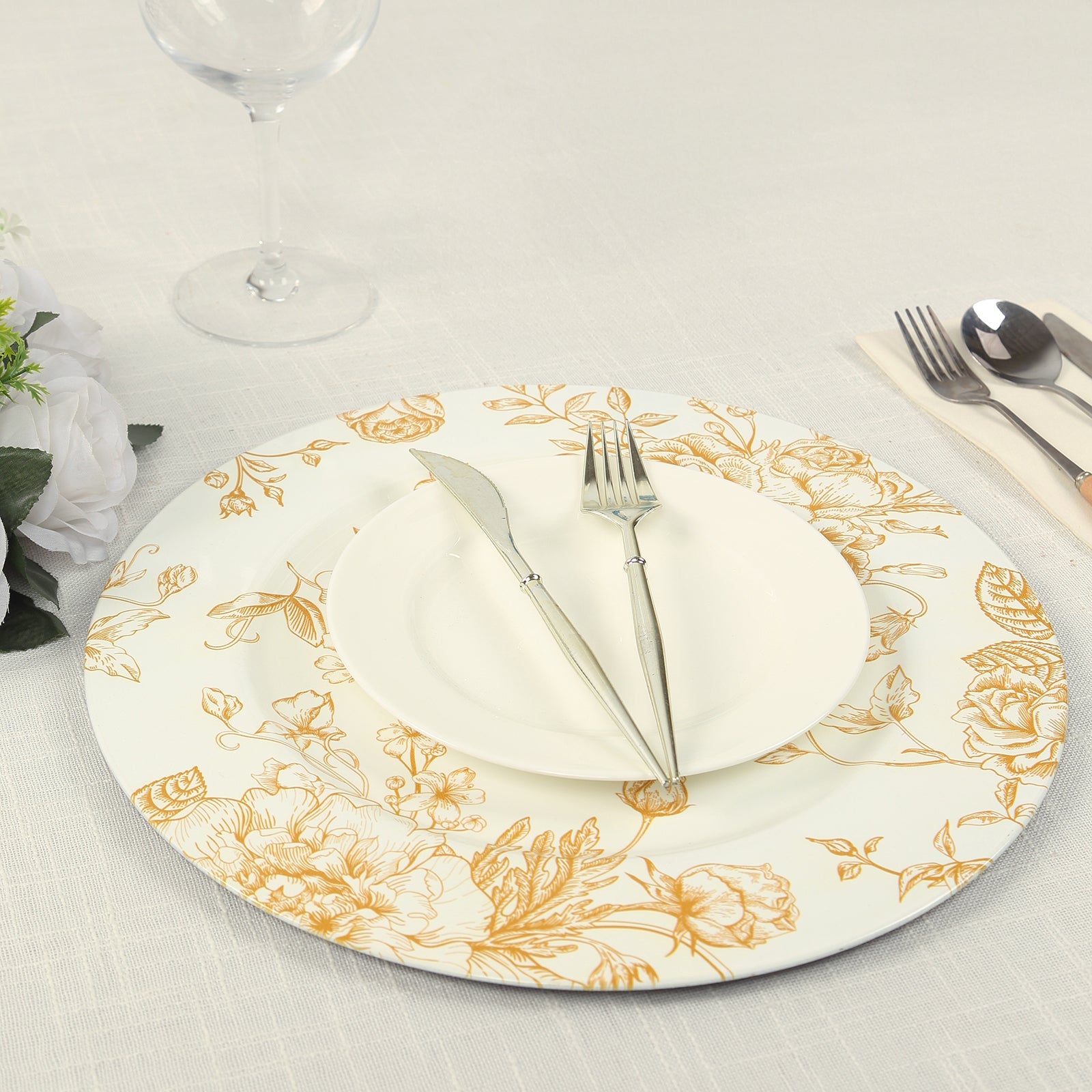 Hot Sale! 6-Pack 13-Inch White Acrylic Round Charger Plates with Gold Floral French Toile Pattern