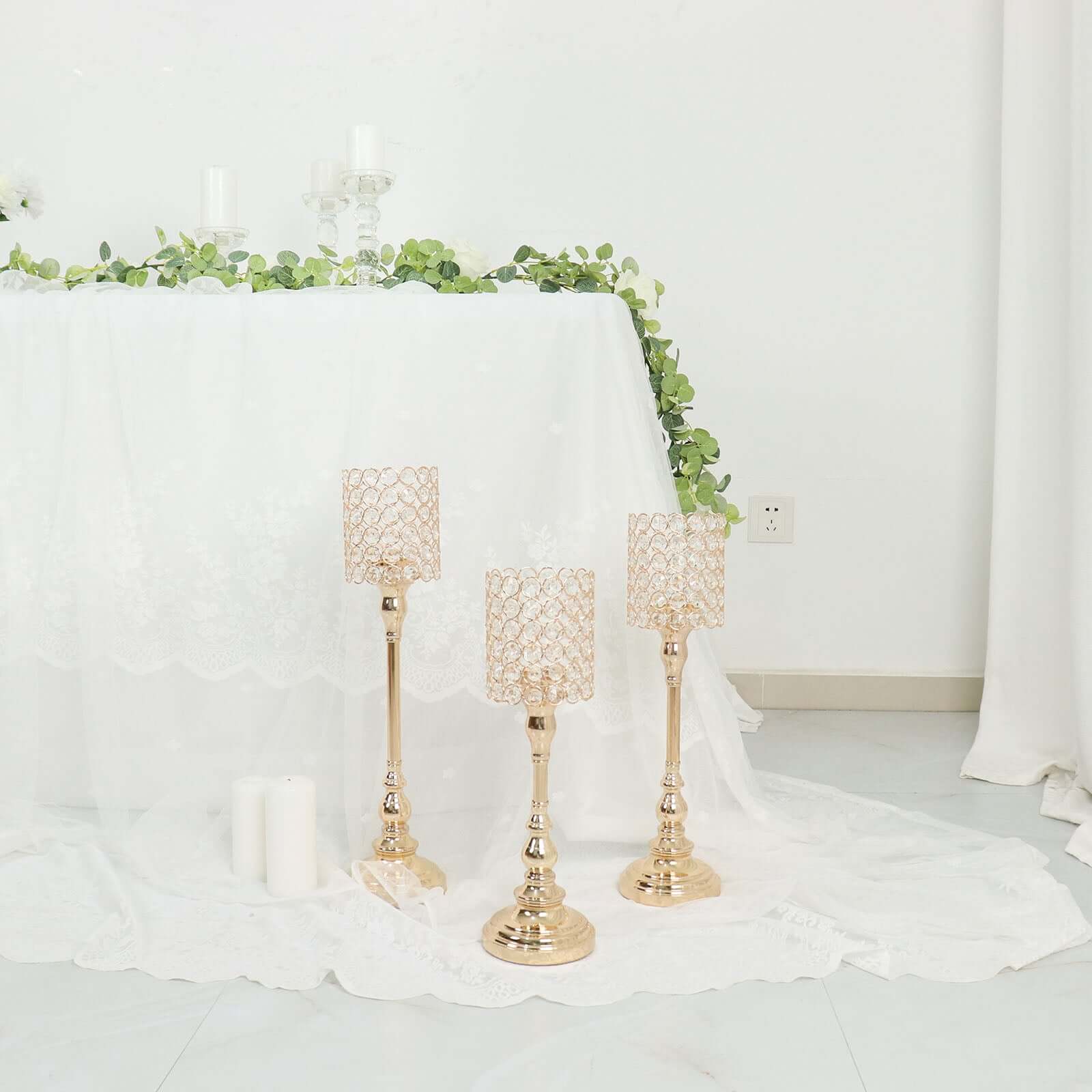Hot Sale! Set of 3 Gold Crystal Beaded Cylinder Votive Candle Holder Stands for Events