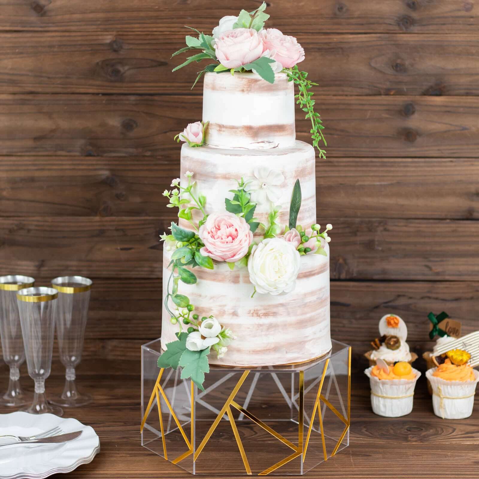 10x5 Clear and Gold Acrylic Hexagonal Cake Stand for Decorative Event Display