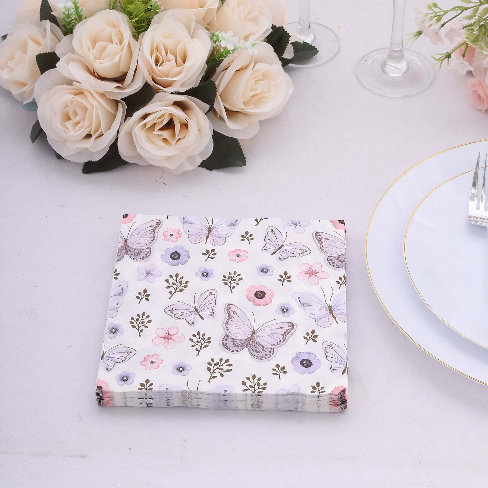 20-Pack 2-Ply Soft 18GSM Ivory Paper Beverage Napkins with Lavender Butterfly Floral Design for Garden Weddings