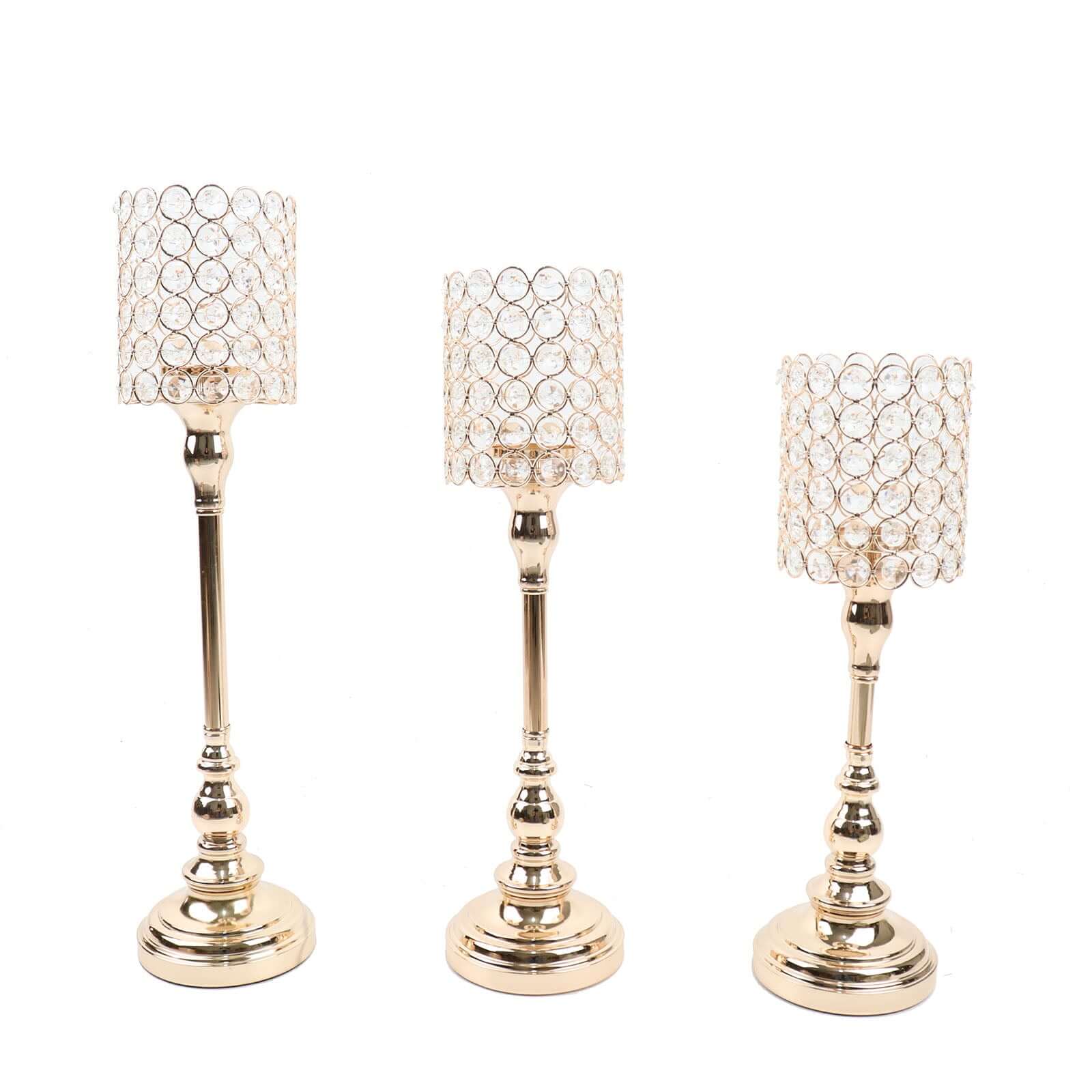 Hot Sale! Set of 3 Gold Crystal Beaded Cylinder Votive Candle Holder Stands for Events