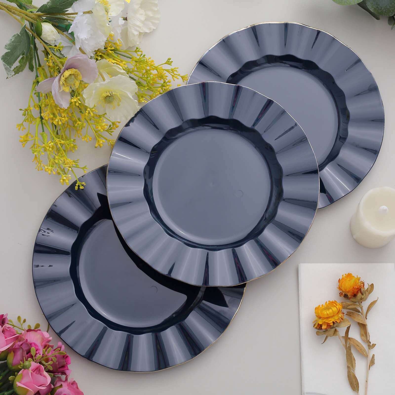 10-Piece Set of Navy Blue Plastic Round Dinner Plates with Gold Edged Ruffled Rim - Sturdy Disposable Dinnerware