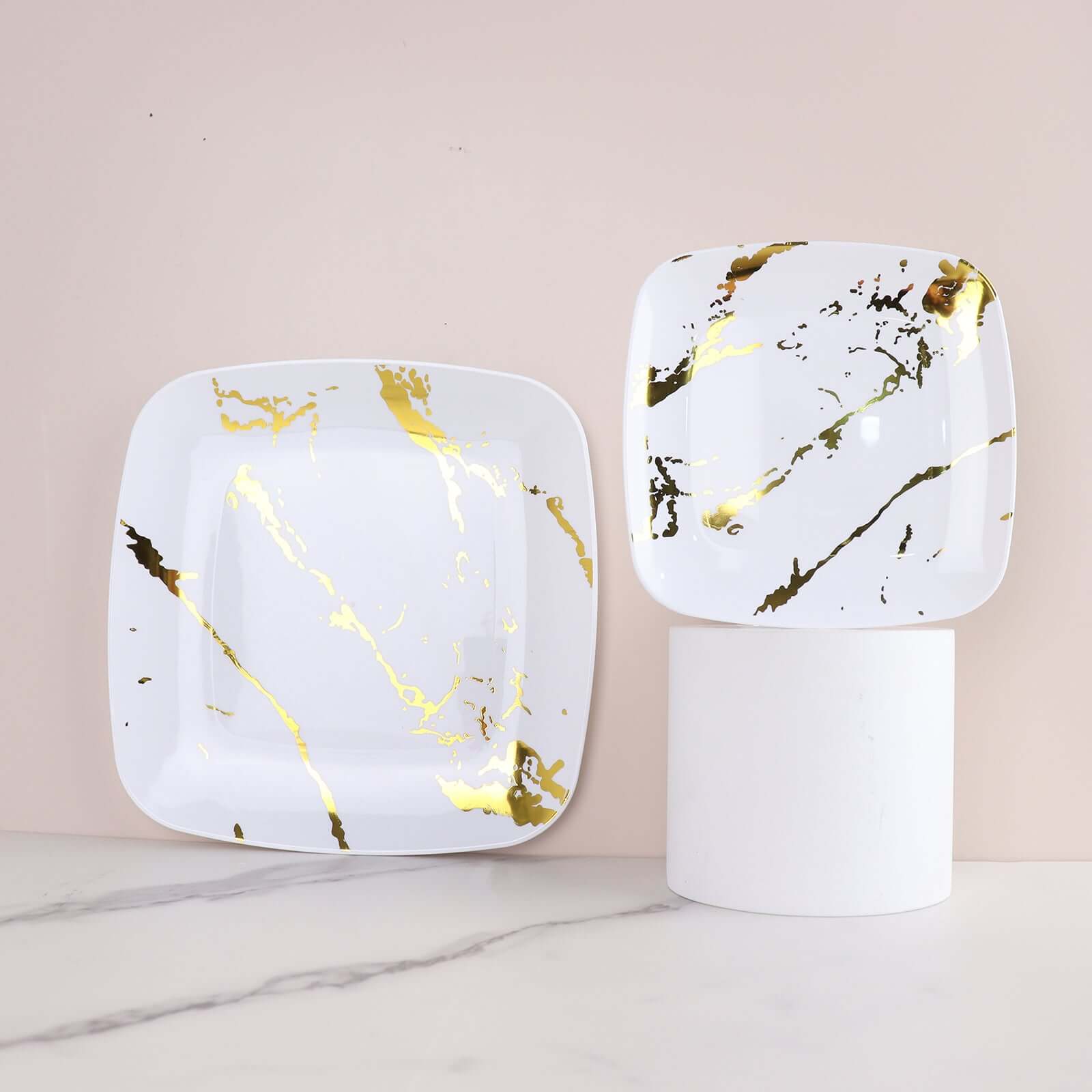 10-Piece Set of White Plastic Square Dessert Plates with Gold Marble Design - Ideal for Weddings and Special Events