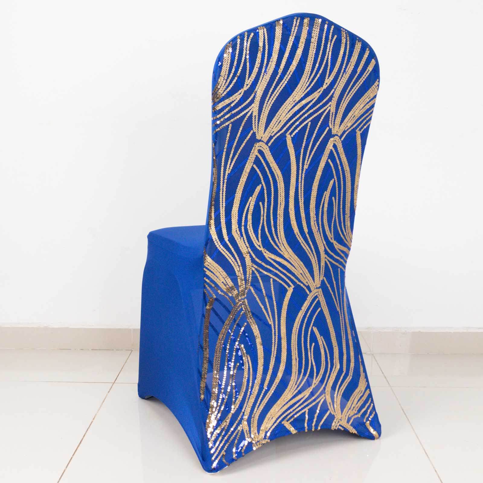 Royal Blue and Gold Spandex Banquet Chair Cover with Wave - Embroidered Glittering Sequins