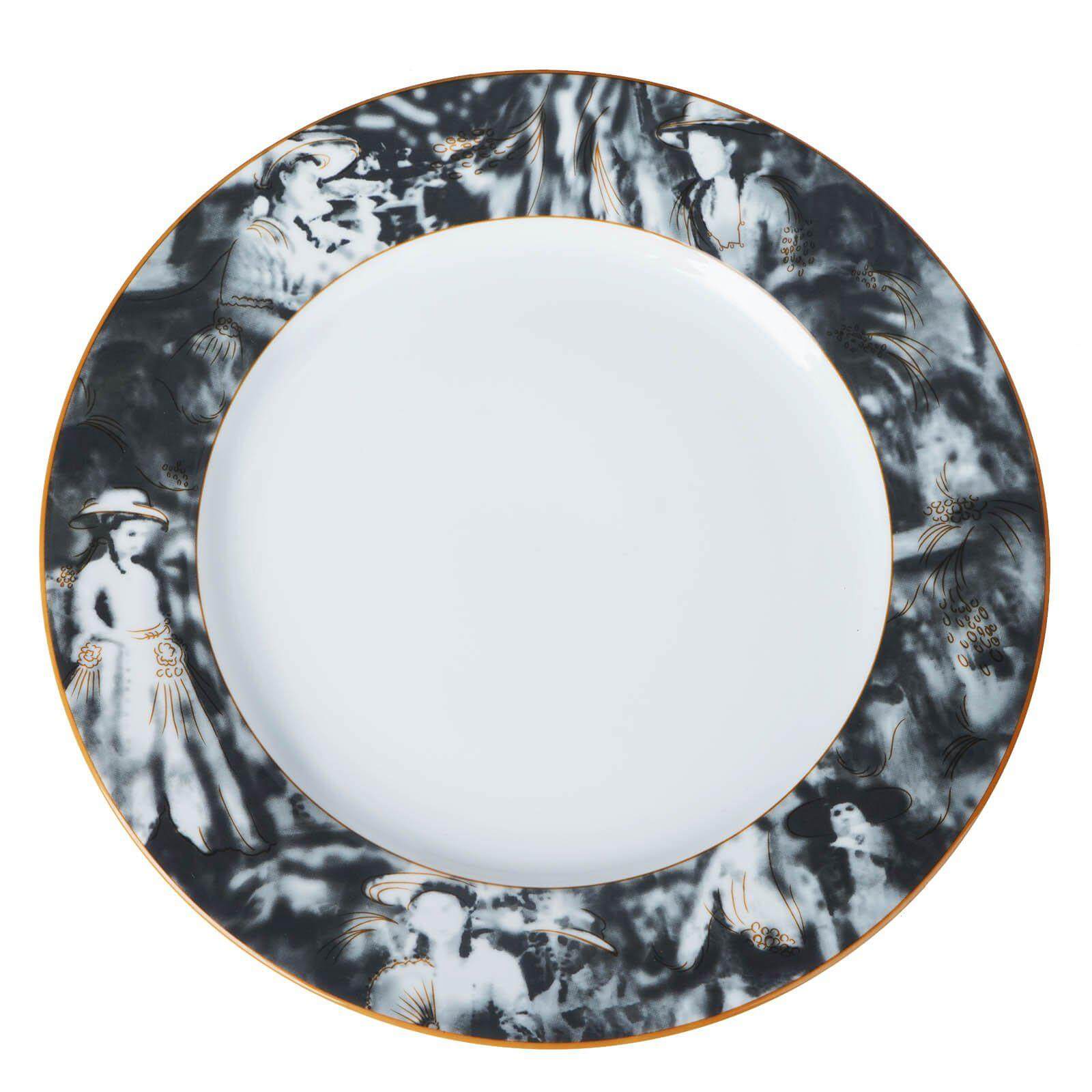Hot Deal! 12-Pack 11.5-Inch Break-Resistant White/Black Porcelain Dinner Plates with Art Nouveau Rim, Microwave Safe