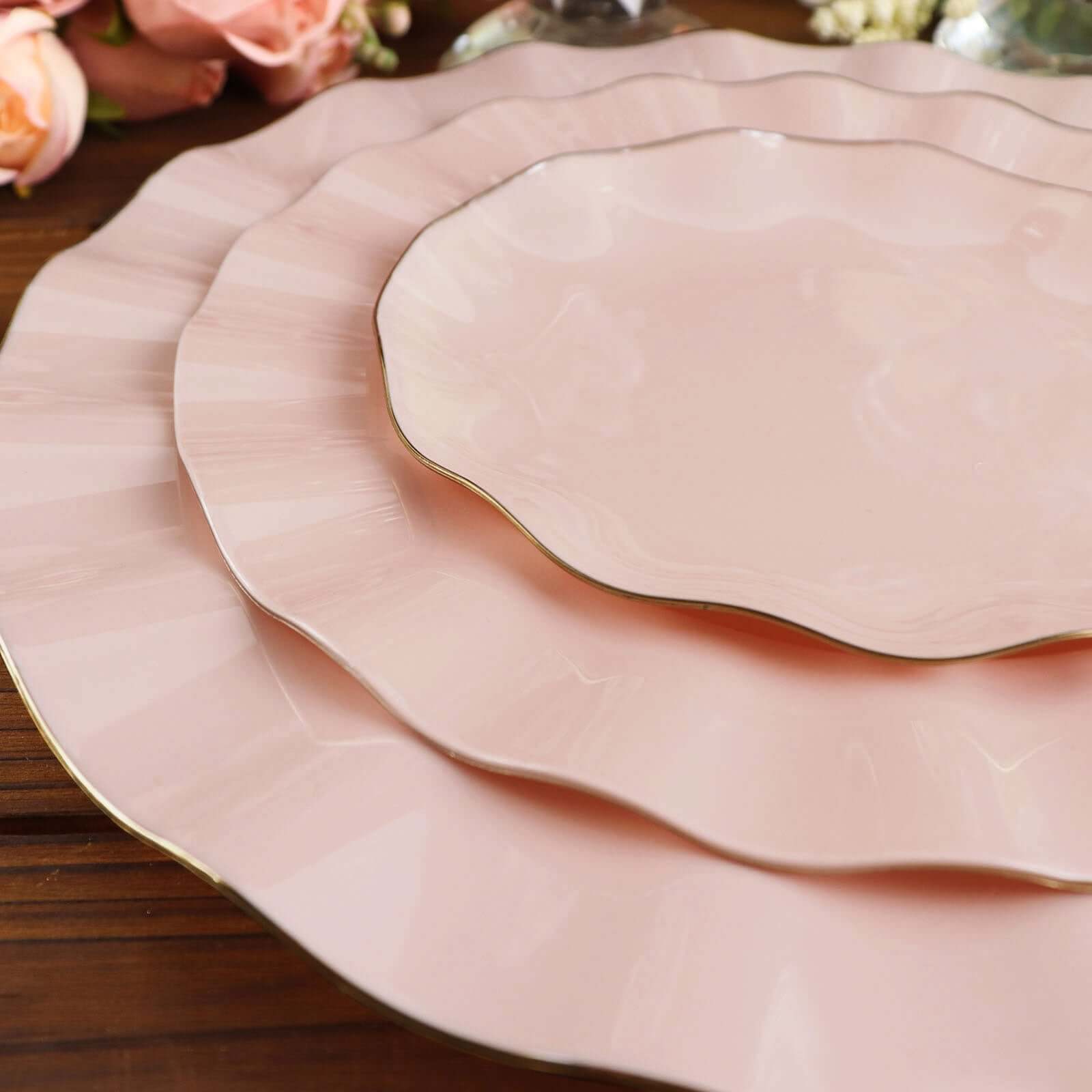 10-Piece Set of Sturdy Disposable Blush Plastic Round Dessert Plates with Gold Ruffled Edging