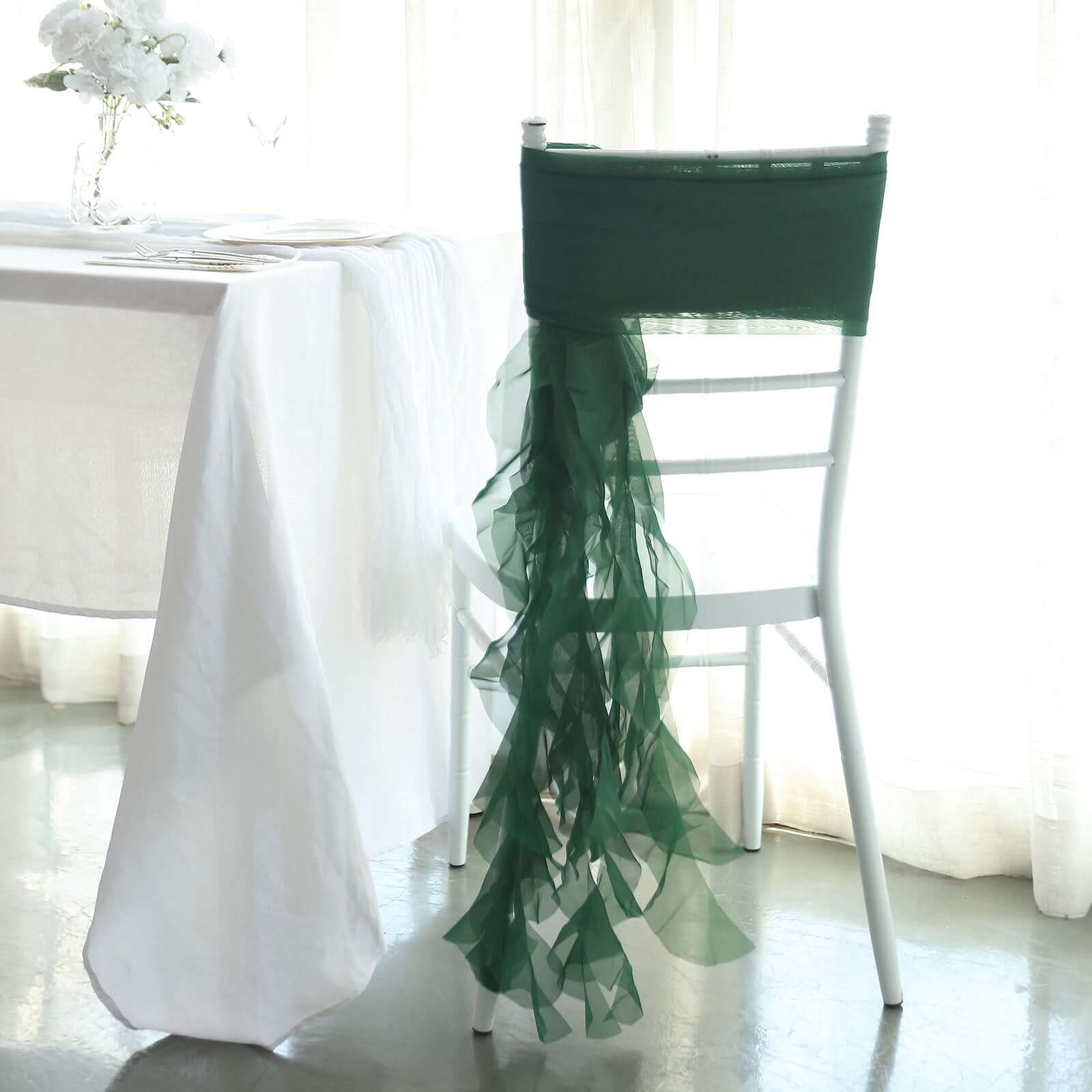 Hunter Emerald Green Chiffon Chair Sashes Set with Willow Ruffles - Elegant Party Decor