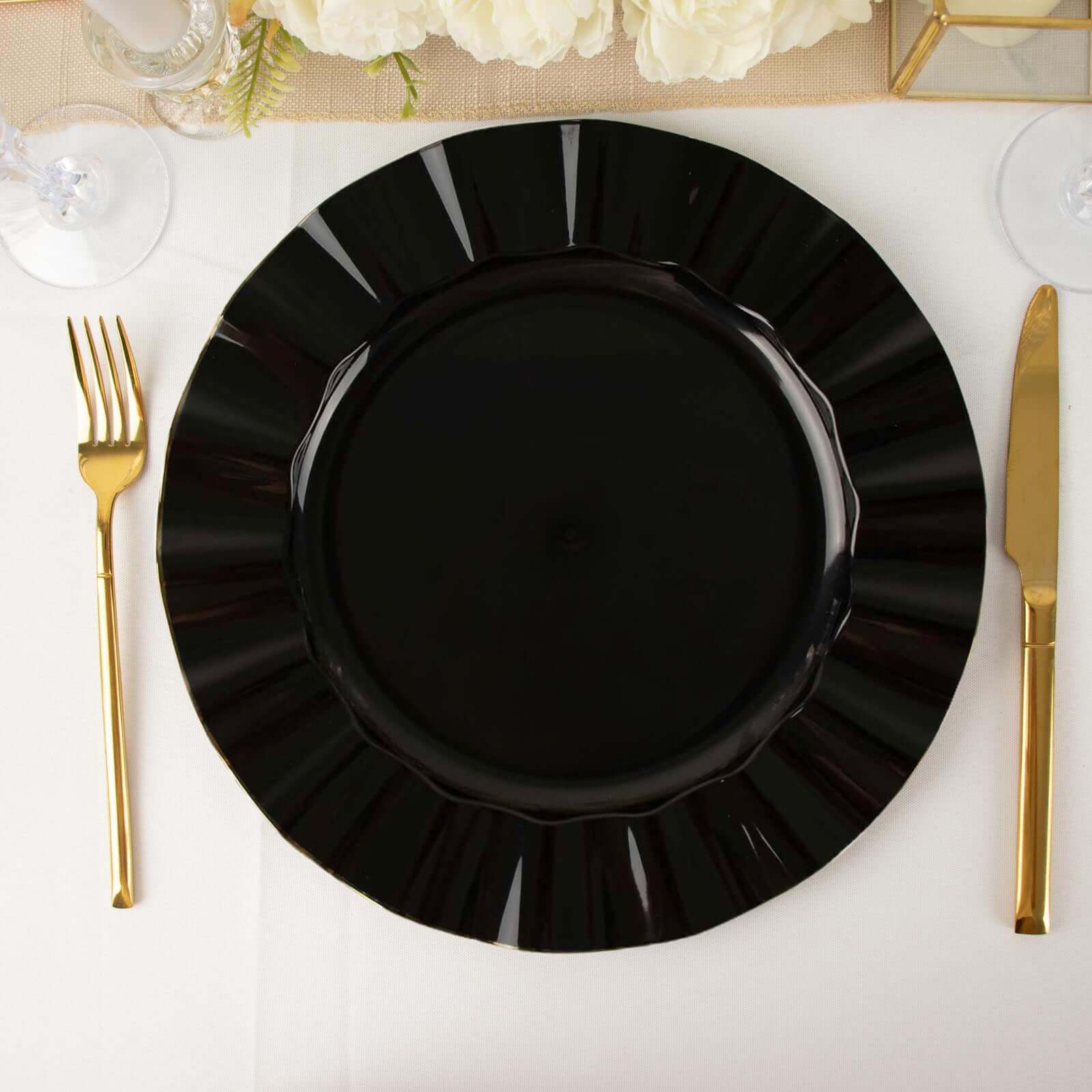 10-Piece Set of Sturdy Black Plastic Round Dinner Plates with Gold-Rimmed Ruffled Edges