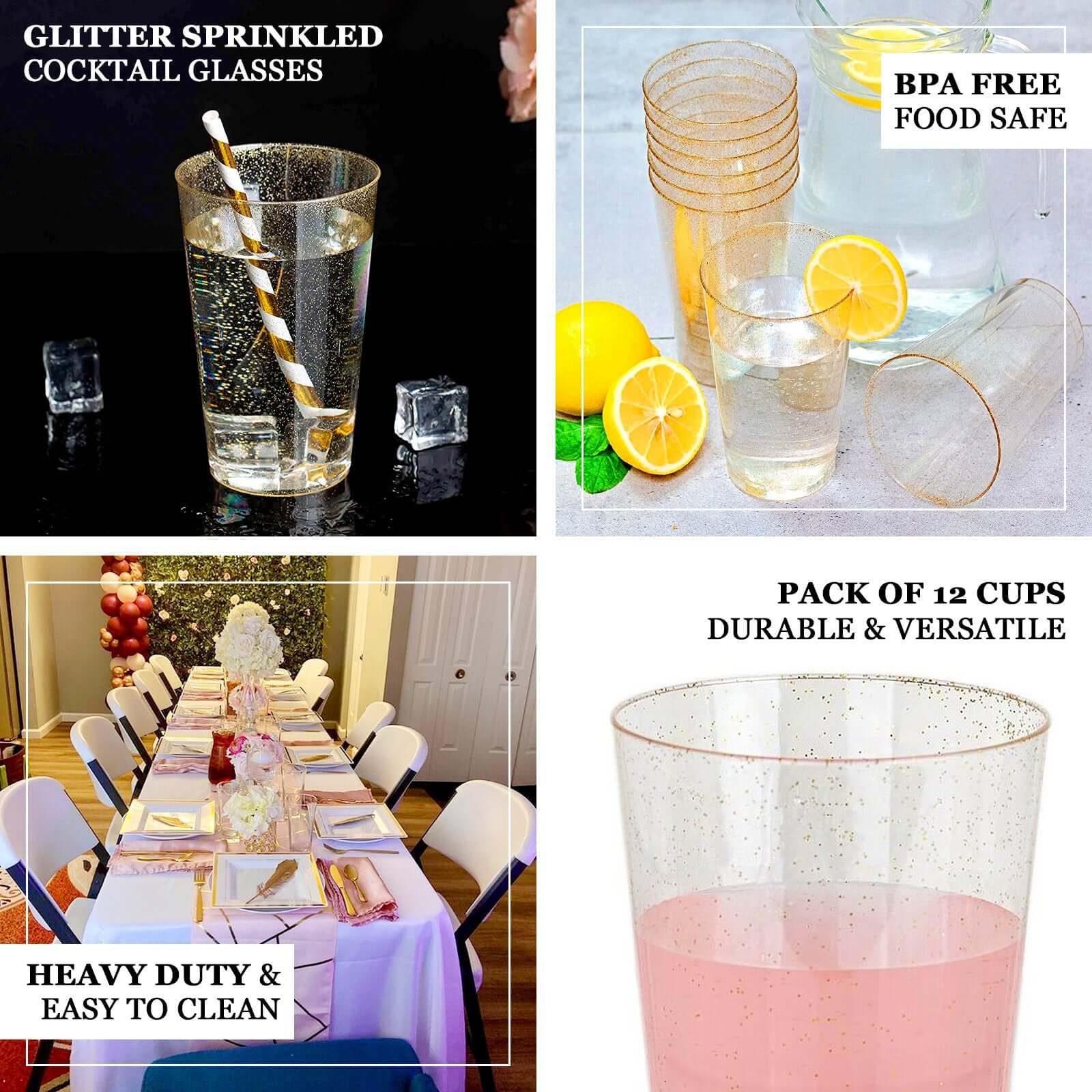 12-Piece Set of Durable Disposable 17oz Clear Plastic Party Cups with Gold Glitter