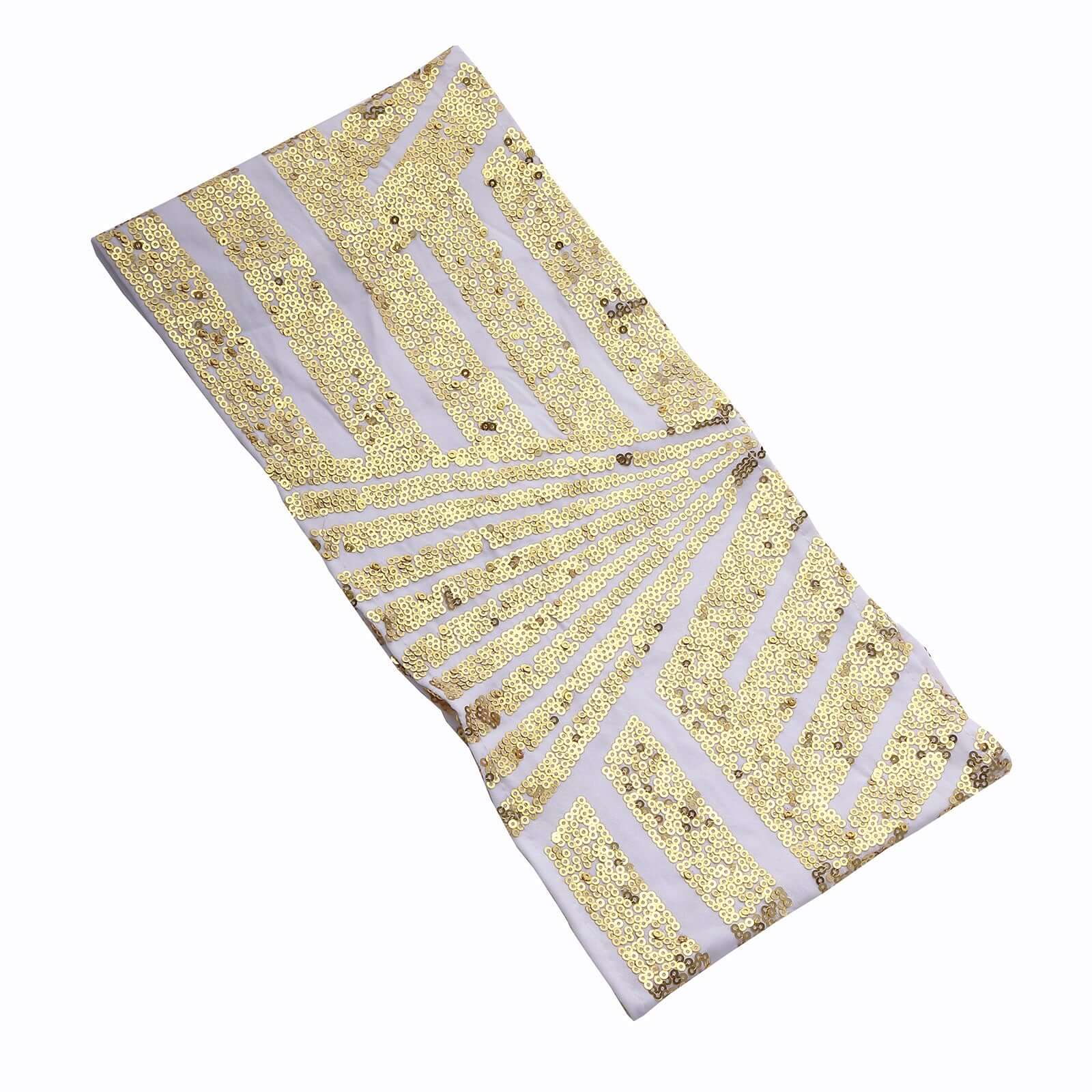 Hot Sale! 5-Pack White Sequin Spandex Chair Sashes with Gold Geometric Diamond Pattern for High-End Events