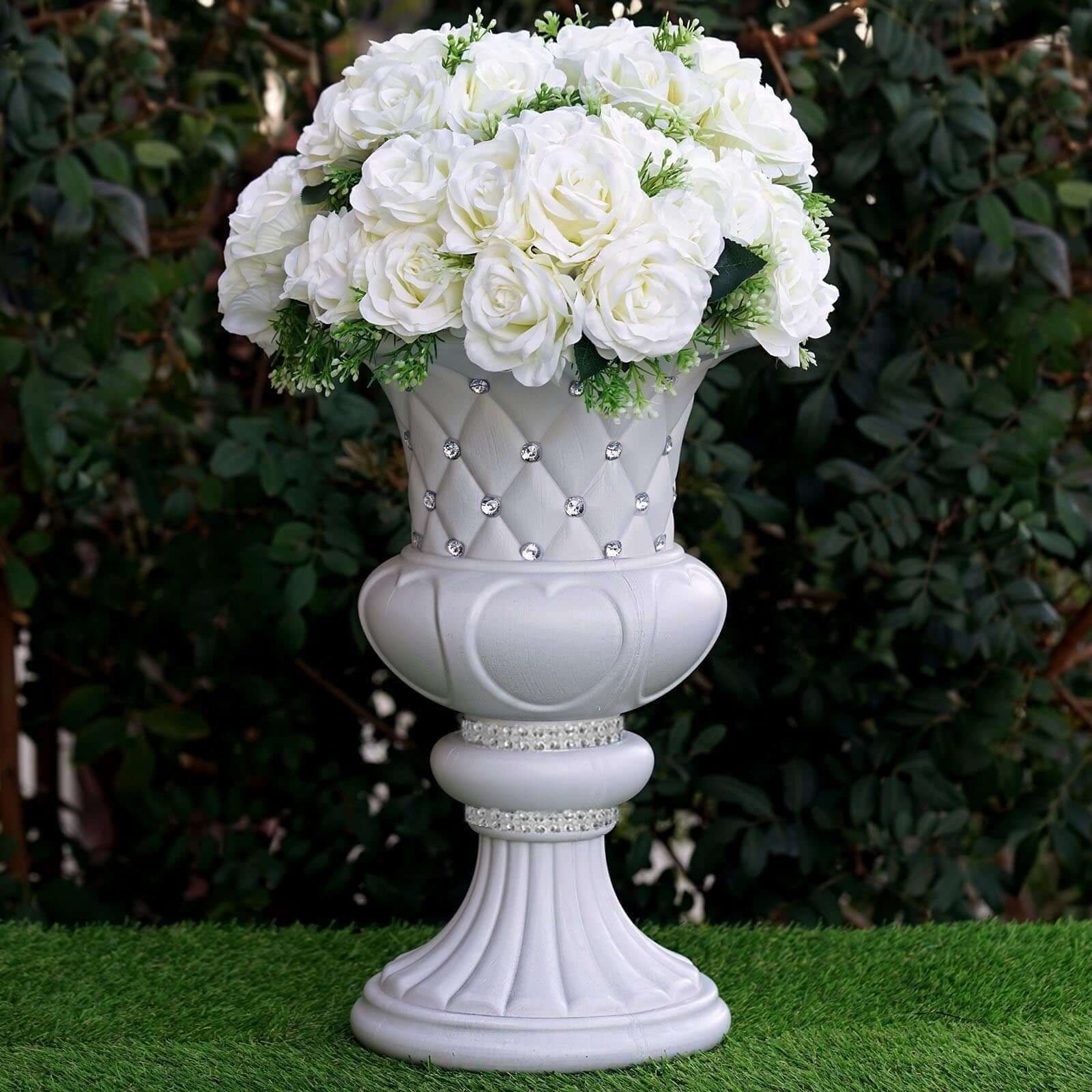 2-Pack 18-Inch Tall PVC Pedestal Stand Flower Plant Pillar with 10mm White Crystal Studs, Italian-Inspired