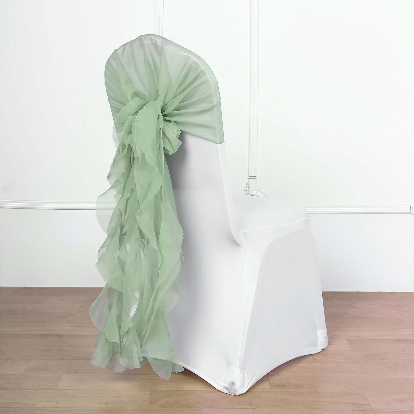 Stylish Sage Green Chiffon Chair Sashes Set with Willow Ruffles Design