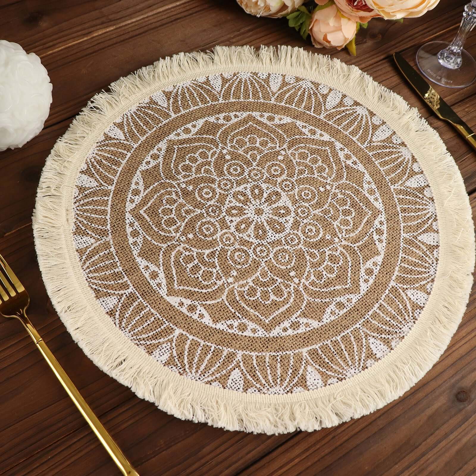 Hot Deal! 4-Pack Round Mandala Print Jute Placemats with Fringe and Tassel Design, Natural and White