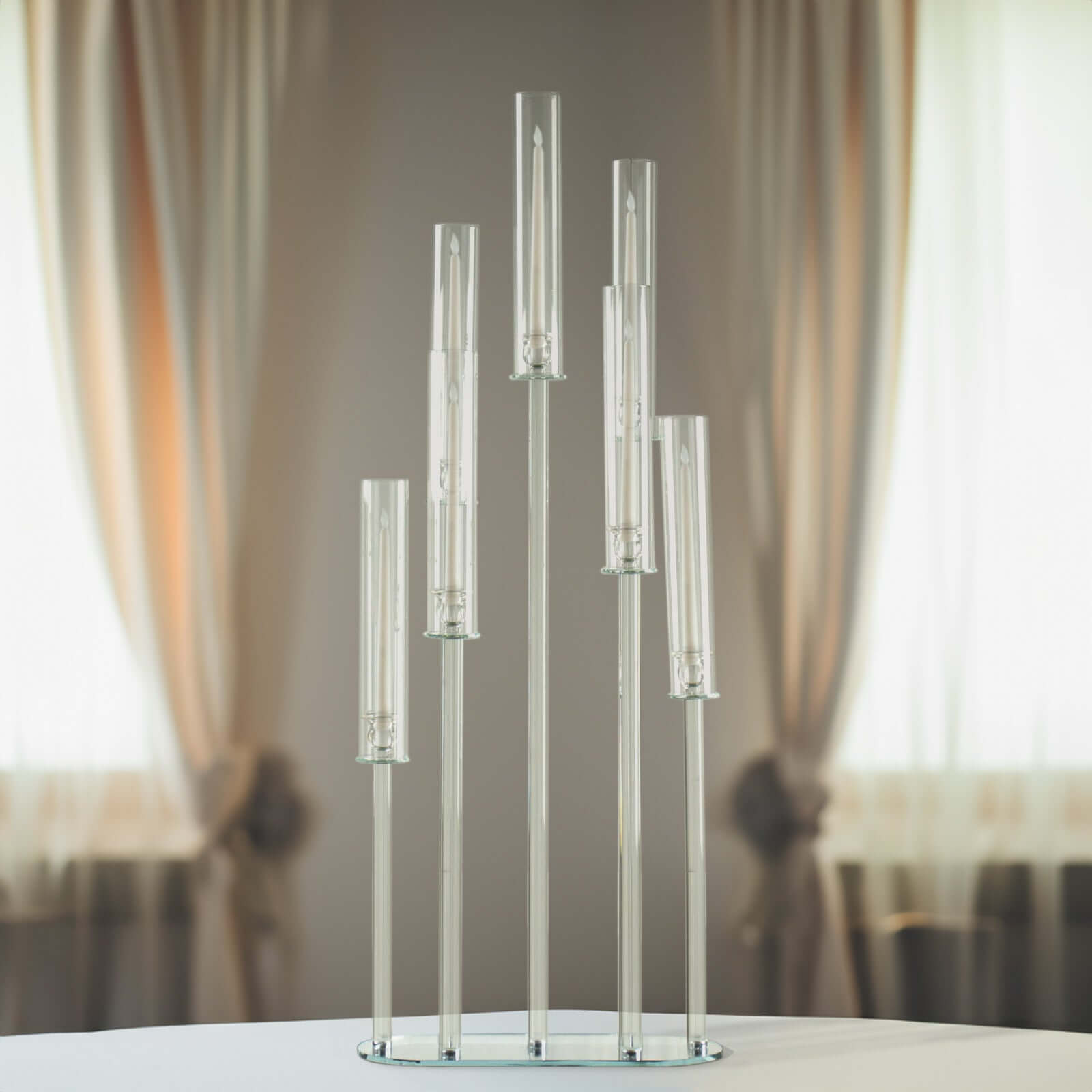 7-Arm Clear Crystal Candelabra with Hurricane Shades - Perfect Wedding Centerpiece