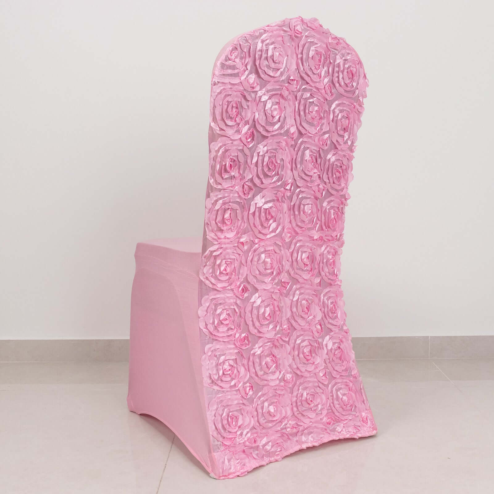 Hot Sale! Pink Stretch Fitted Satin Rosette Slip-On Chair Cover for Banquet Chairs