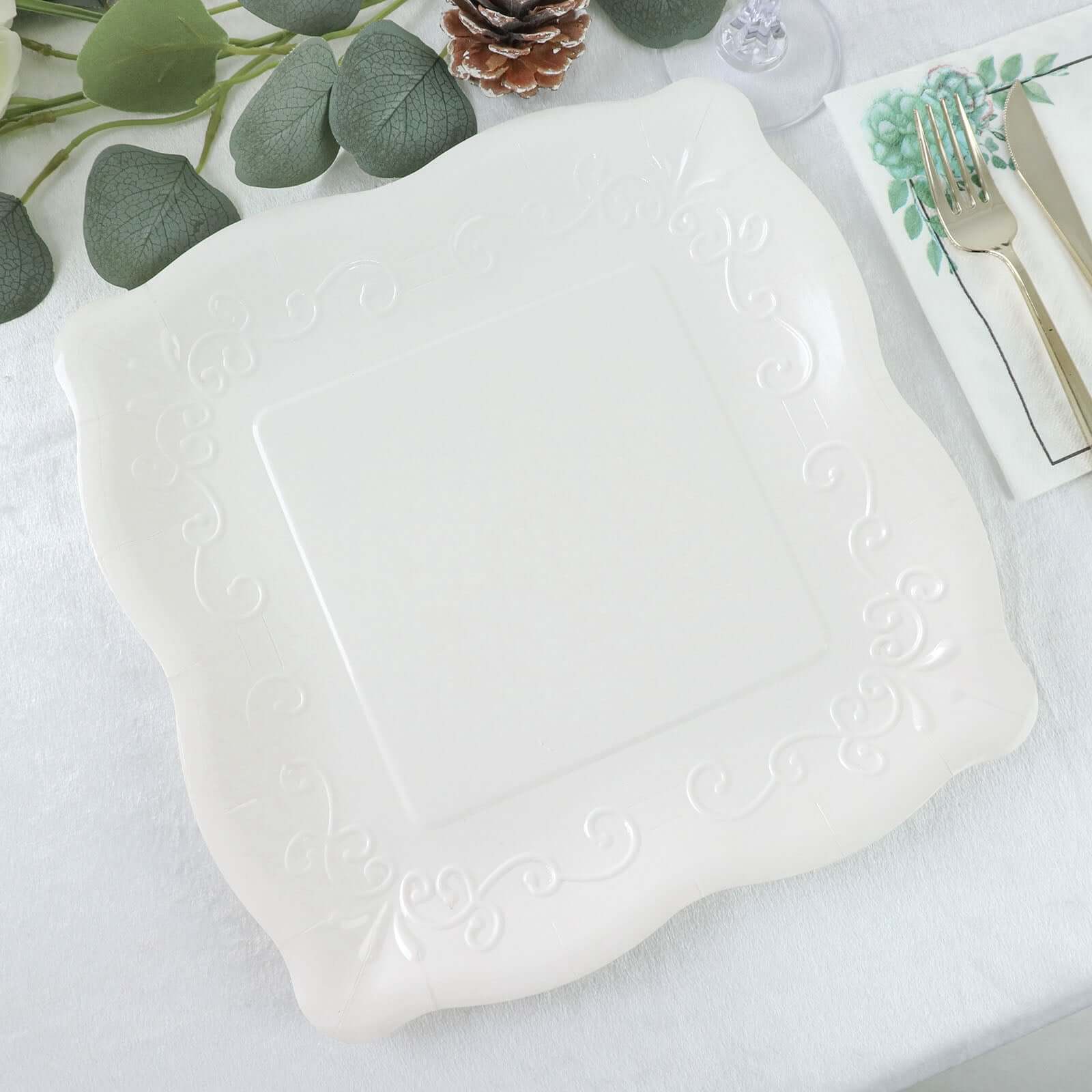 25-Pack Disposable White Square Dinner Plates with Vintage Pottery Embossed Design - Great Value!