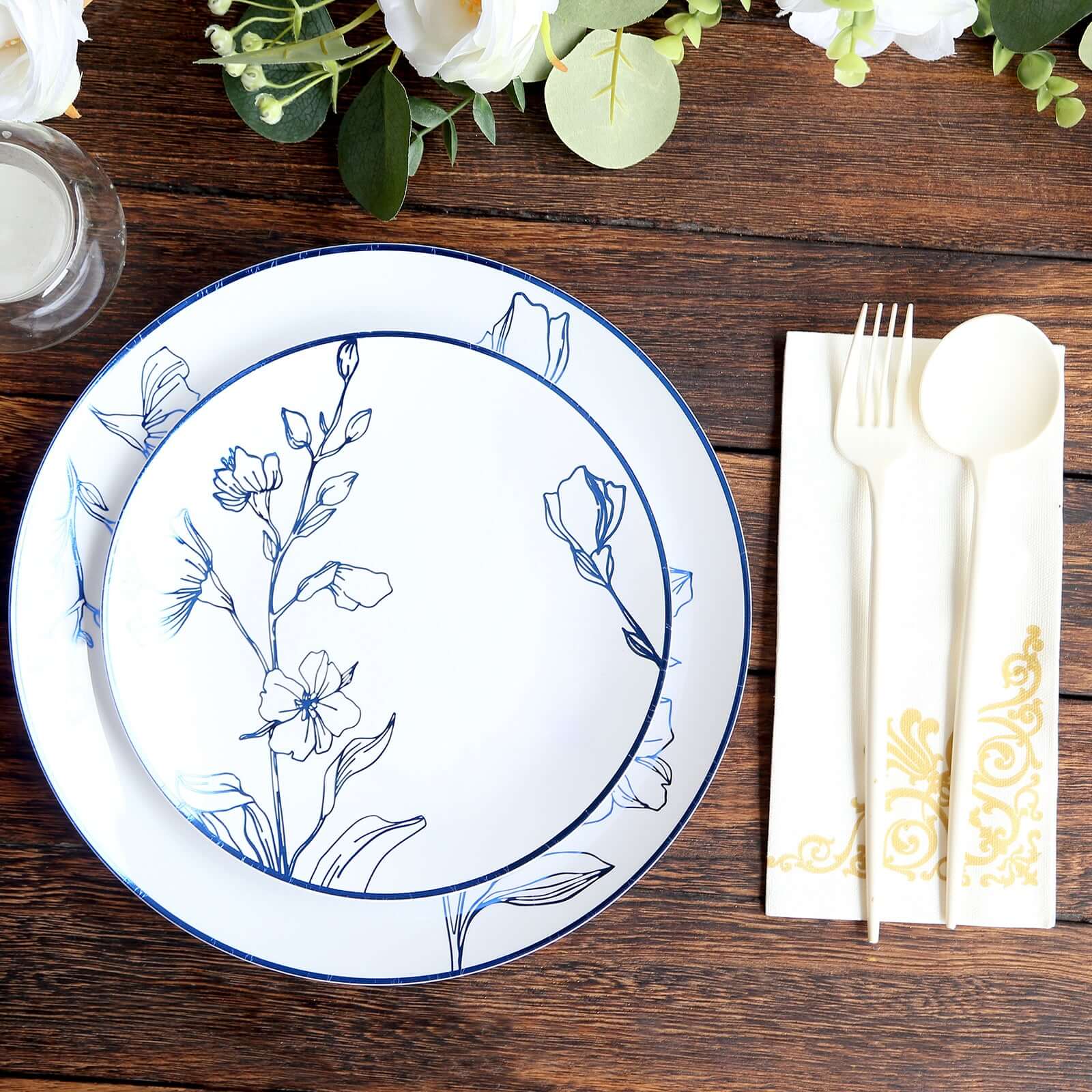Stylish Disposable Set of 20 White Plastic Plates with Metallic Blue Floral Design - 8, 10 Inches