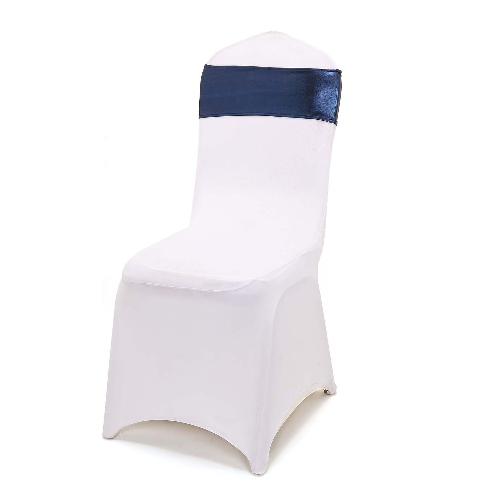 5-Pack Navy Blue Metallic Spandex Chair Sashes with Round Diamond Plastic Buckles - Ideal for Decor