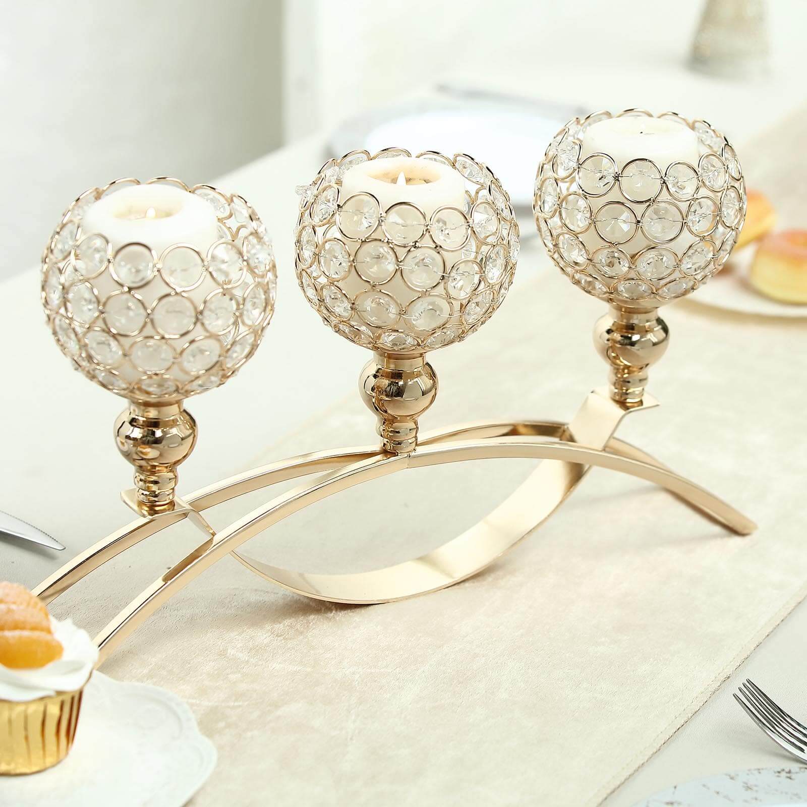 Chic Gold 3-Arm Arch Bridge Candelabra with Crystal Beads - Ideal Table Centerpiece for Events