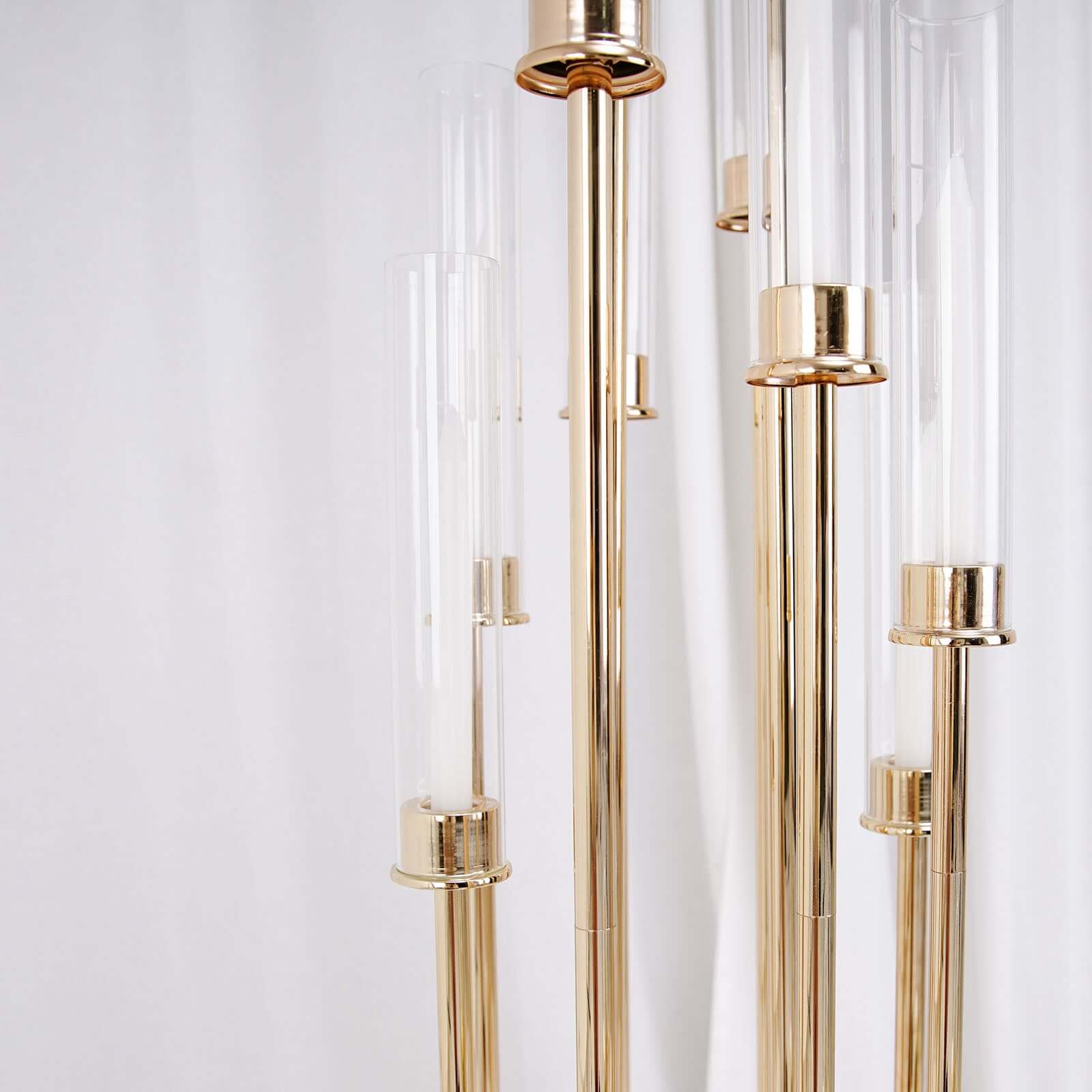 Stylish 10-Arm Gold Cluster Taper Candle Holder with Clear Glass Shades for Gatherings