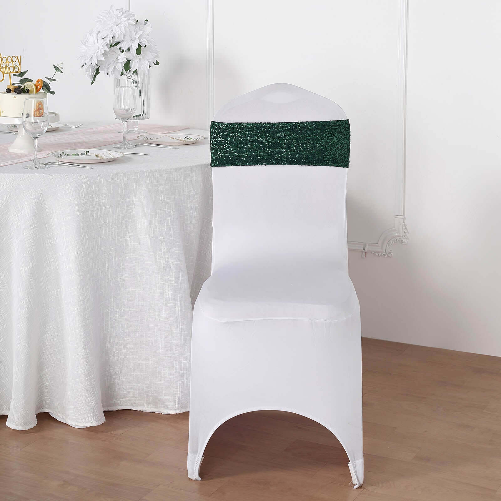 Special Offer: 5-Piece Set of Hunter Emerald Green Sequin Spandex Stretch Chair Bands (6x15 Inches)
