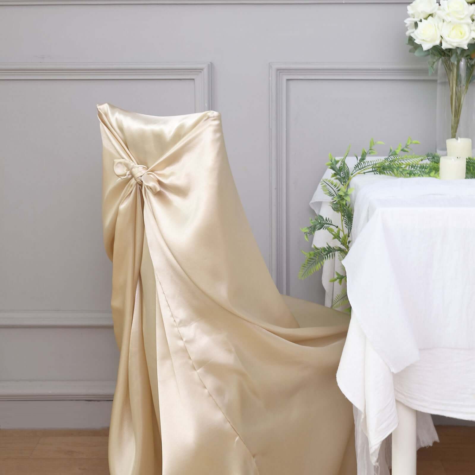 Durable Beige Satin Self-Tie Chair Covers - Universal Design for Folding, Dining & Banquet Chairs