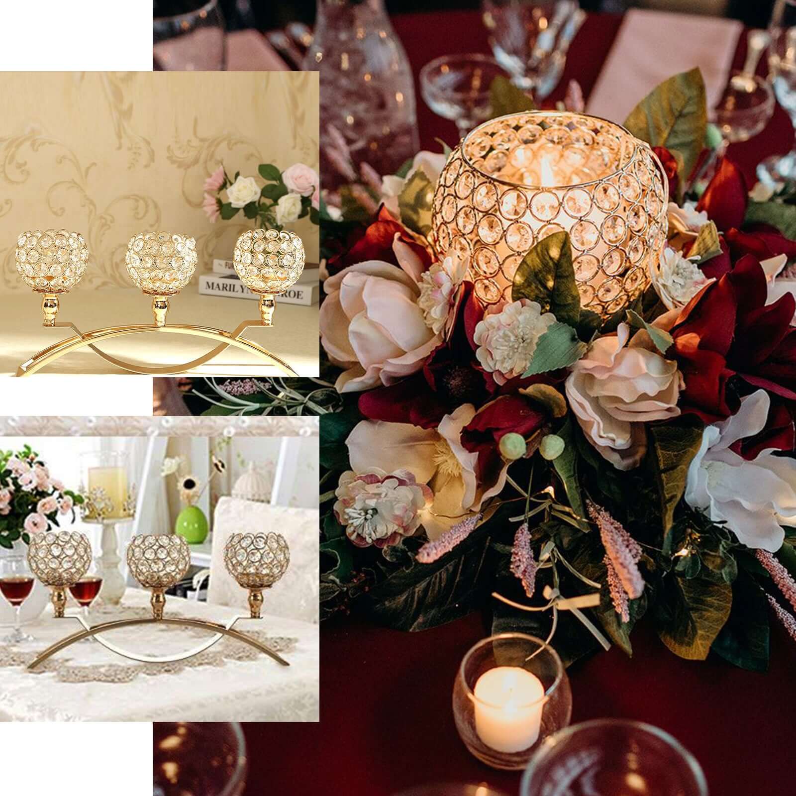 Chic Gold 3-Arm Arch Bridge Candelabra with Crystal Beads - Ideal Table Centerpiece for Events