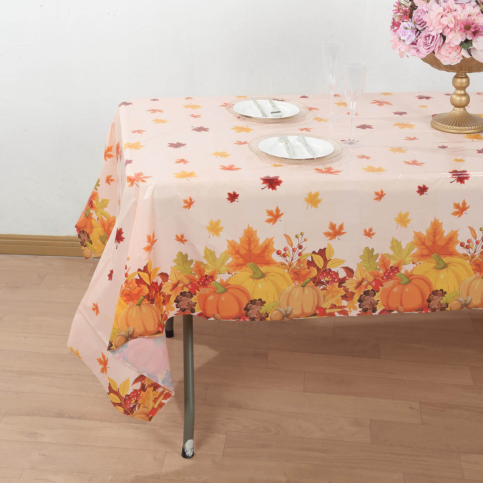 5-Pack Orange Thanksgiving Plastic Rectangle Tablecloths with Fall Leaves & Pumpkin Print - Festive PVC Disposable Covers