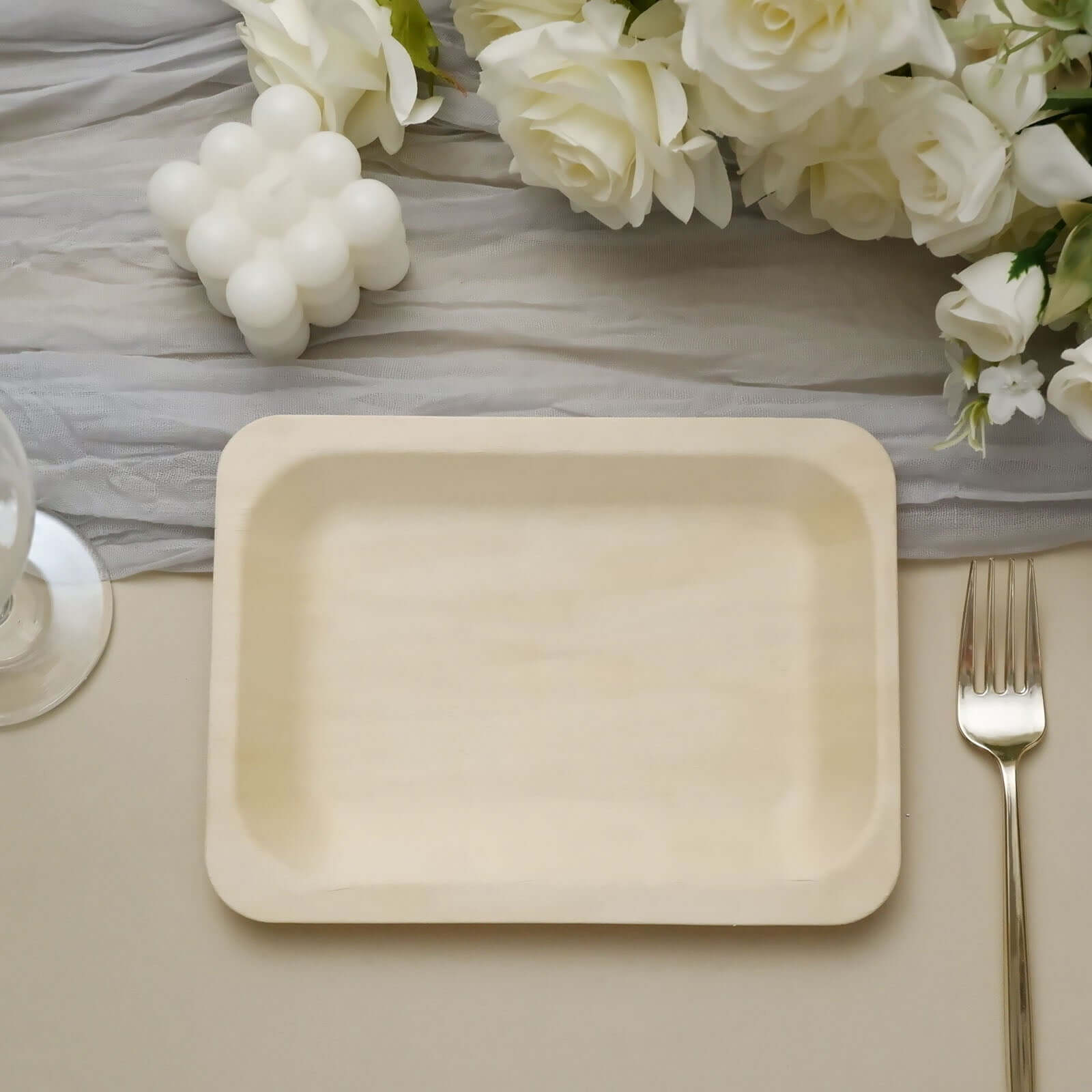 25-Pack Natural Birchwood 5x8 Rectangle Disposable Dessert Plates - Ideal for Special Events