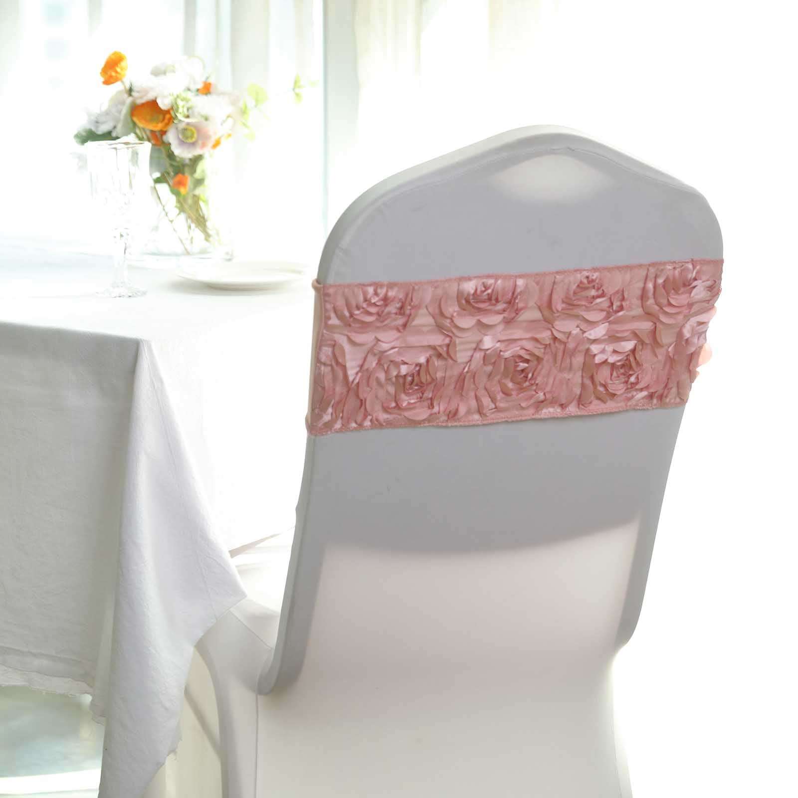 Hot Deal! 5-Piece Set of Dusty Rose Satin Spandex Chair Sashes with Rosette Design, 6x14