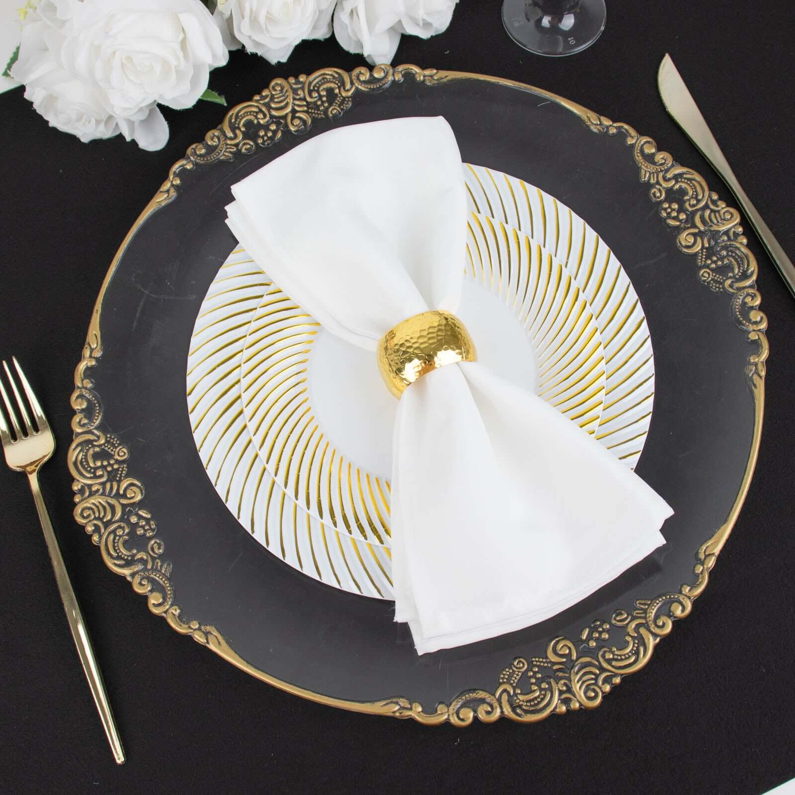 10-Pack Disposable White Dinner Plates with Gold Swirl Rim - Ideal for Parties