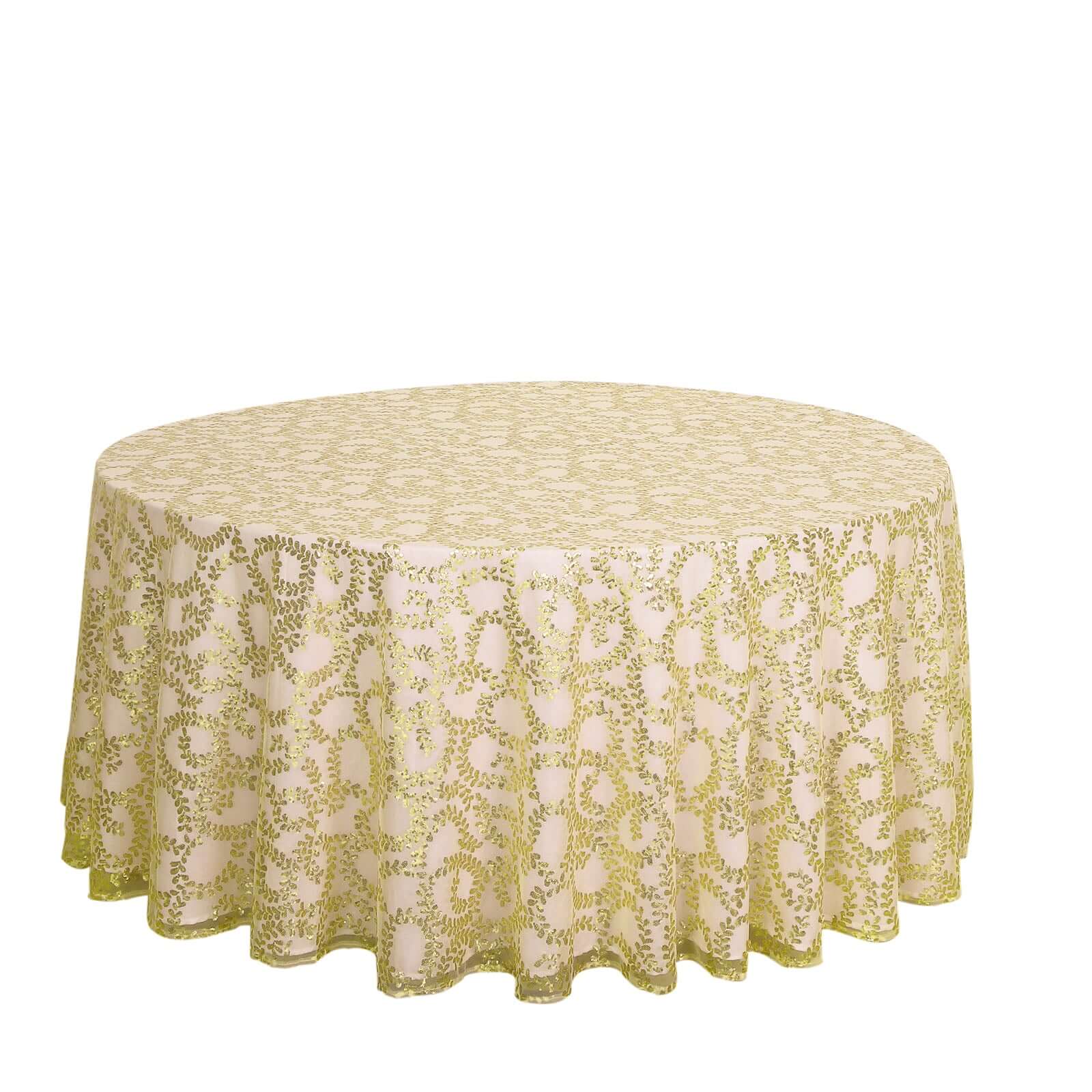 Gold Seamless Sequin Leaf Embroidered 120 Round Tulle Tablecloth for Elegant Events